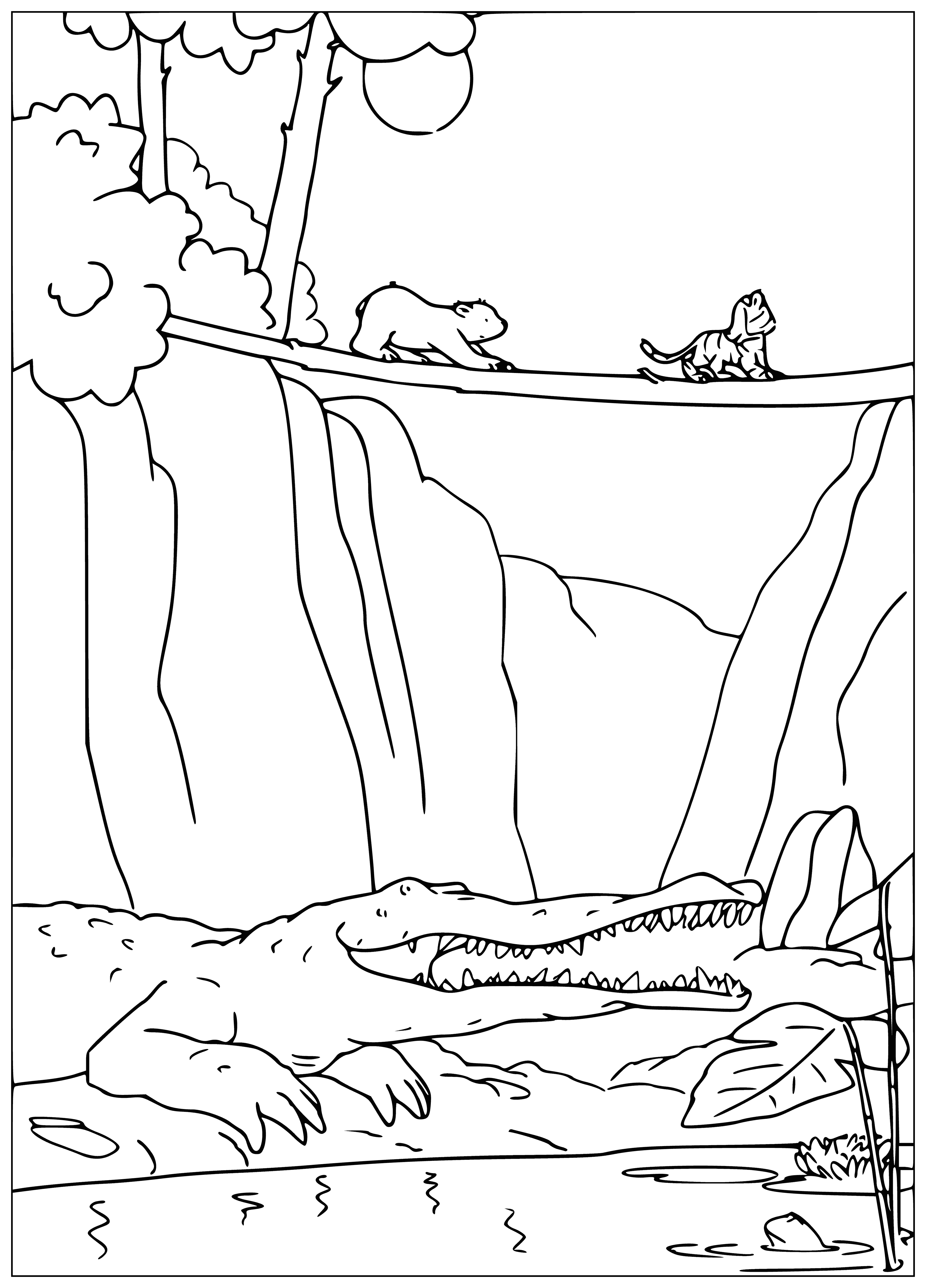 coloring page: Polar bear is standing on bridge, looking at forest beyond river.
