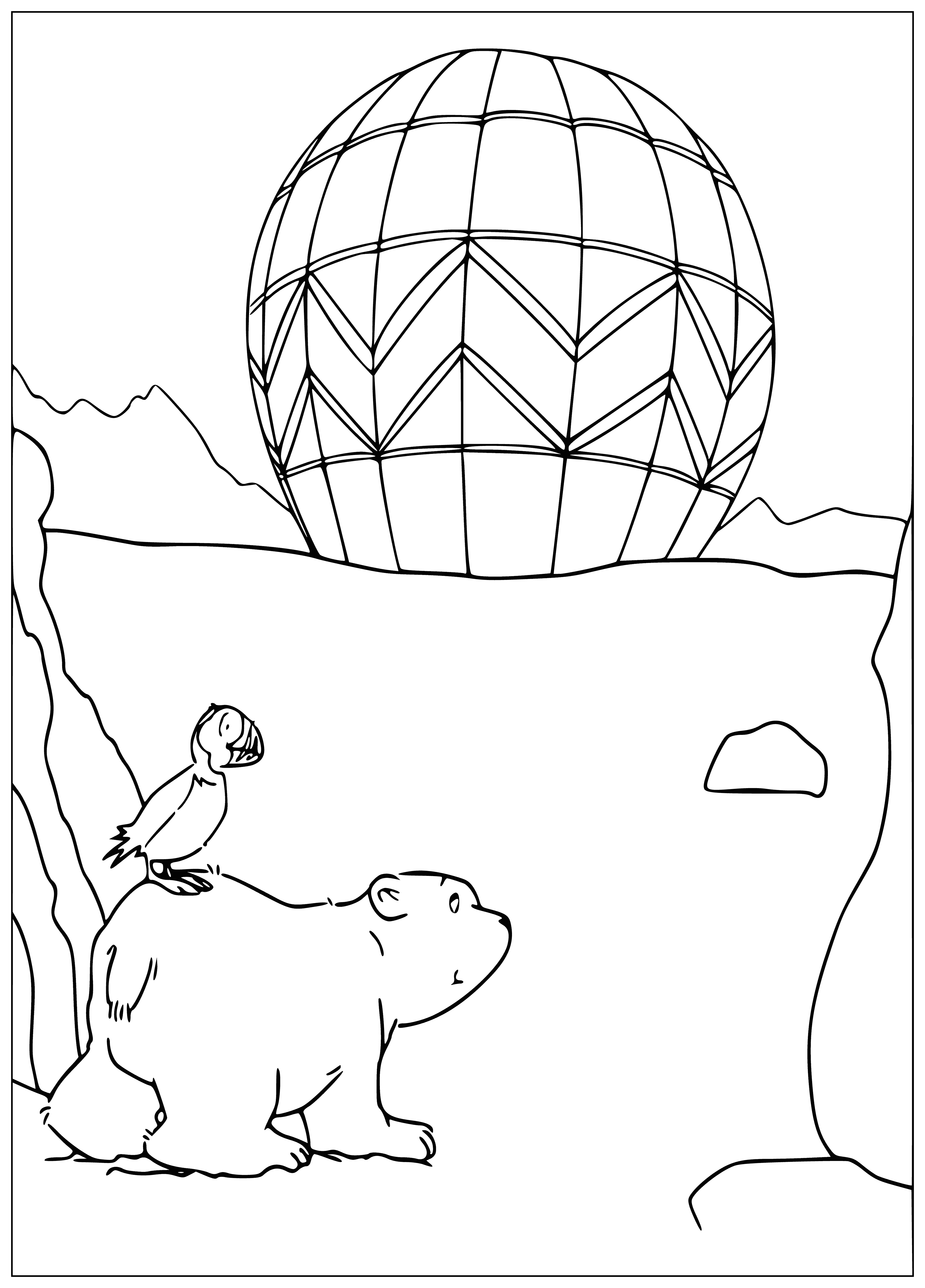 coloring page: Little polar bear holds a green teddy with white stomach & red ribbon; looks up at something off-screen.