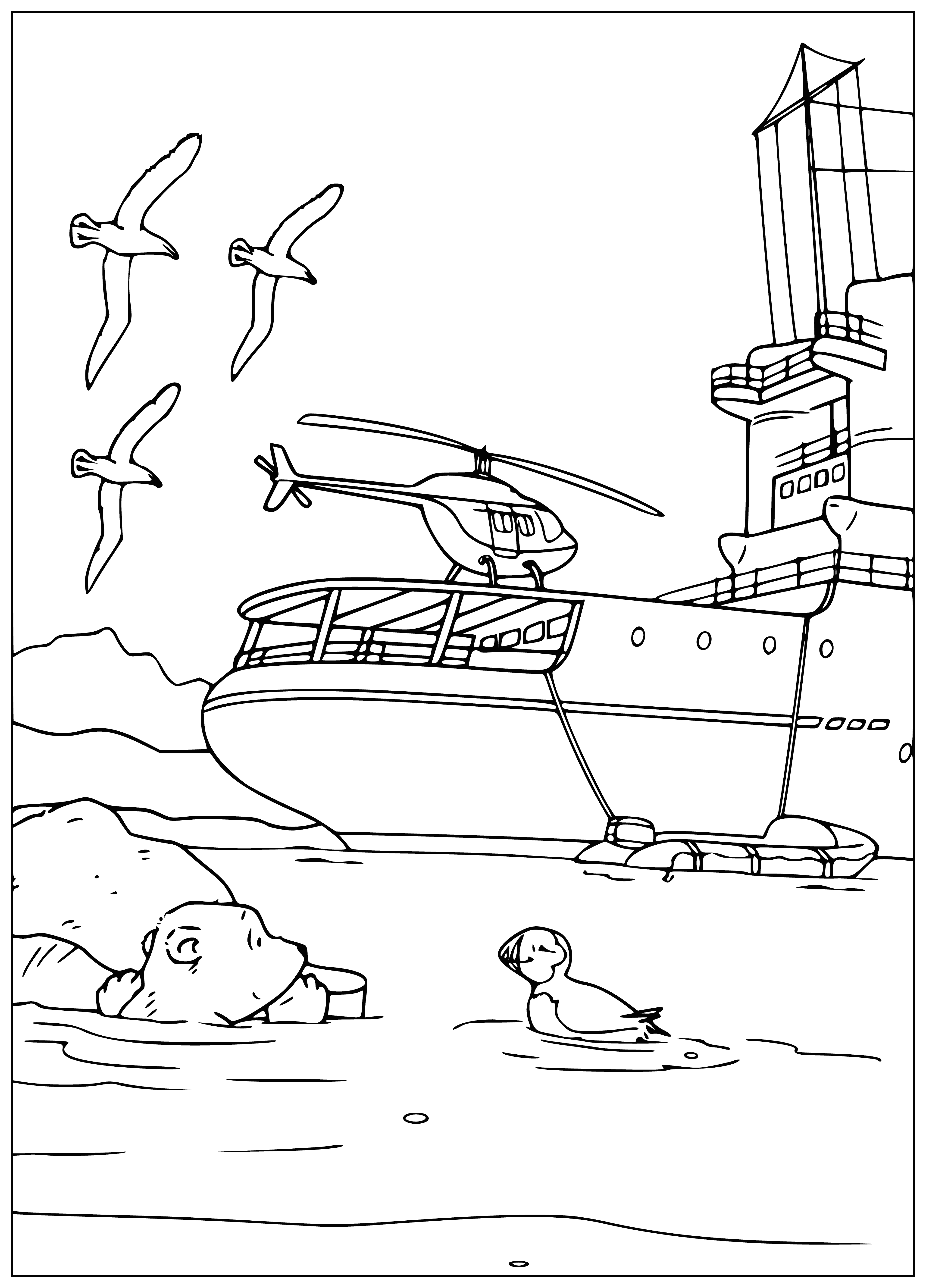 coloring page: Small polar bear on a fishing boat, rod in its paws, eagerly looking at the water.