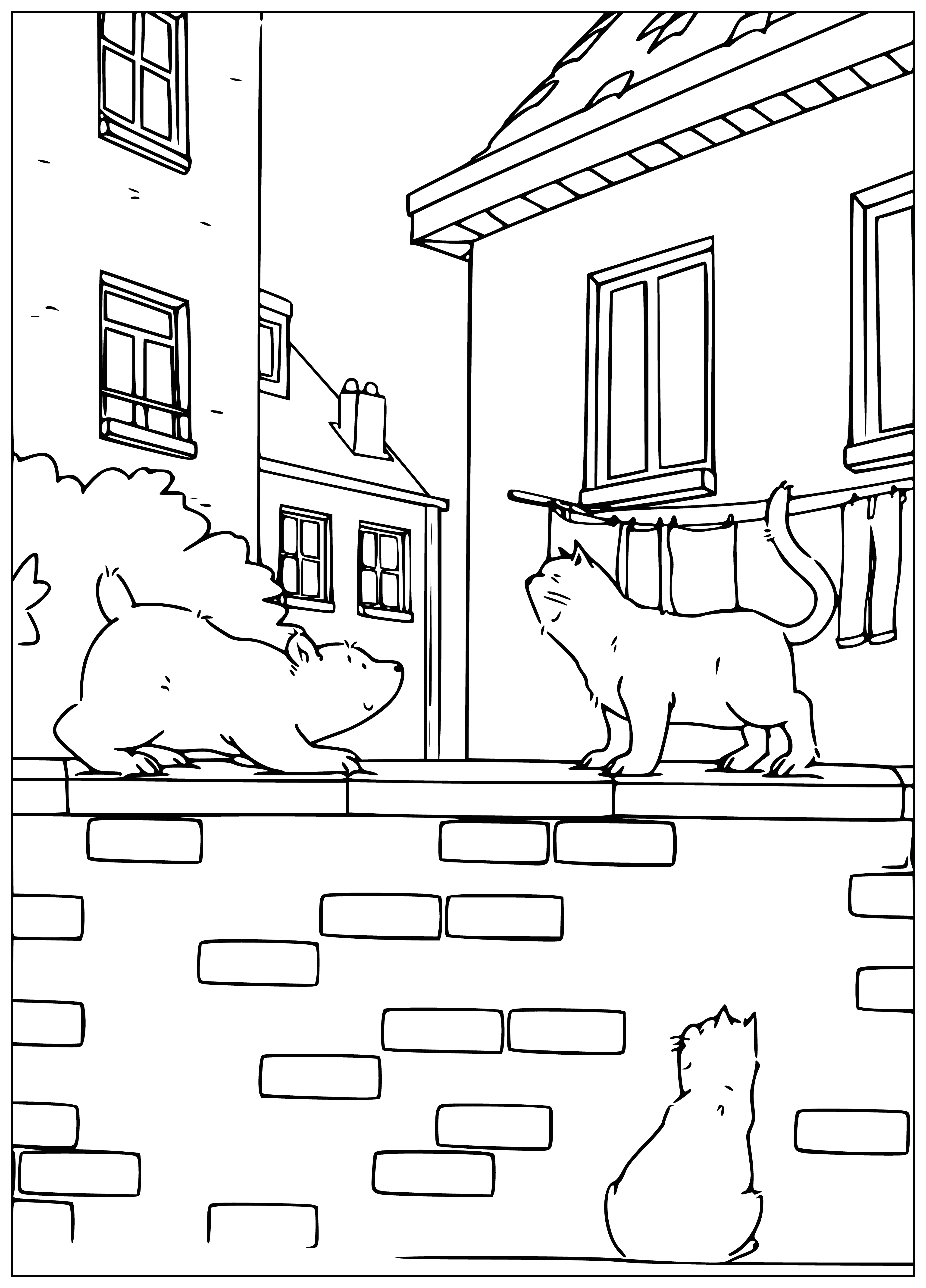 coloring page: Lars the polar bear is playing with his feline friend, tumbling and having fun on the icy ground. They both seem to be having a blast!