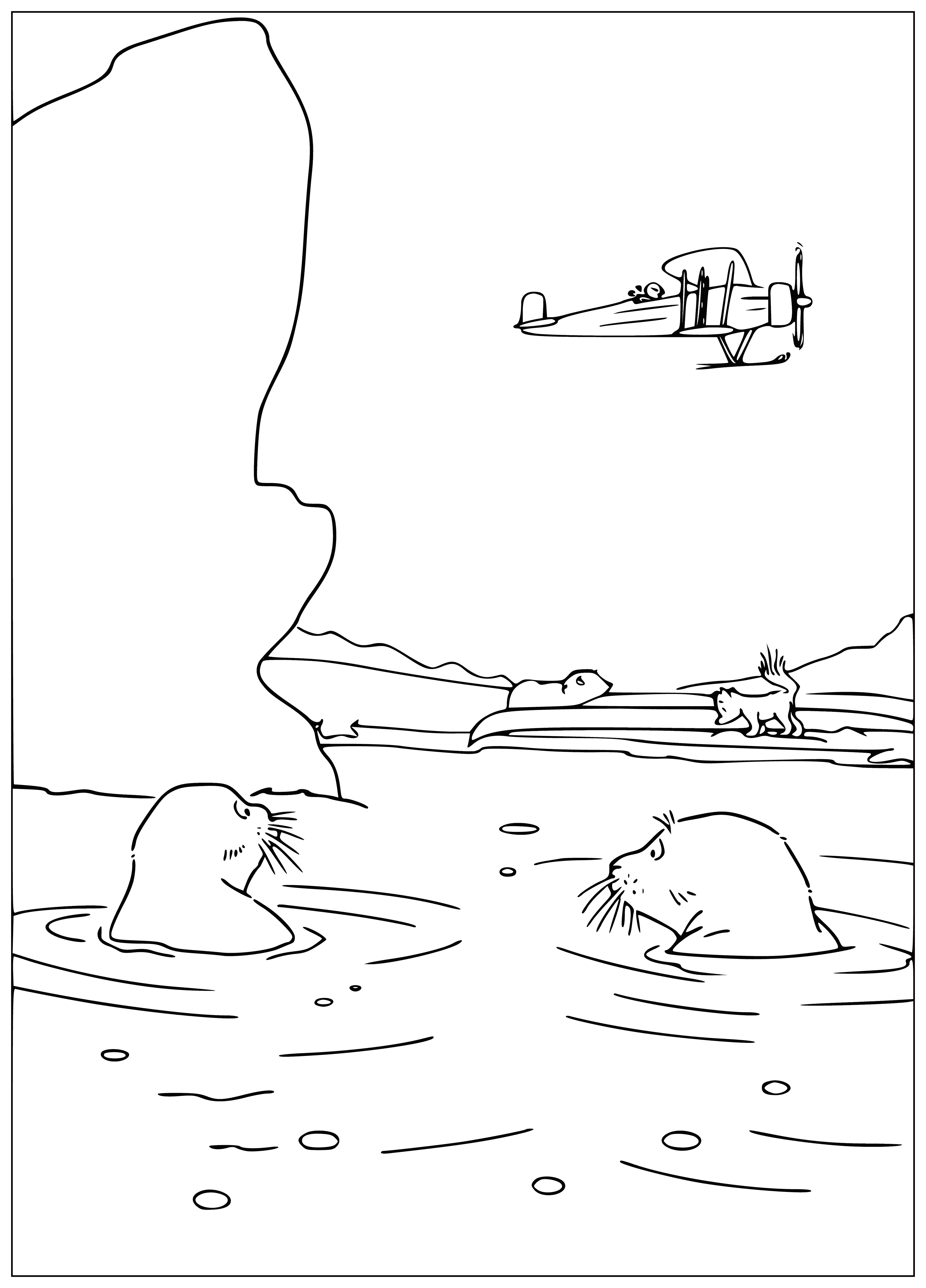 coloring page: Small polar bear flying in an airplane, looking out the window at icebergs in a body of water.