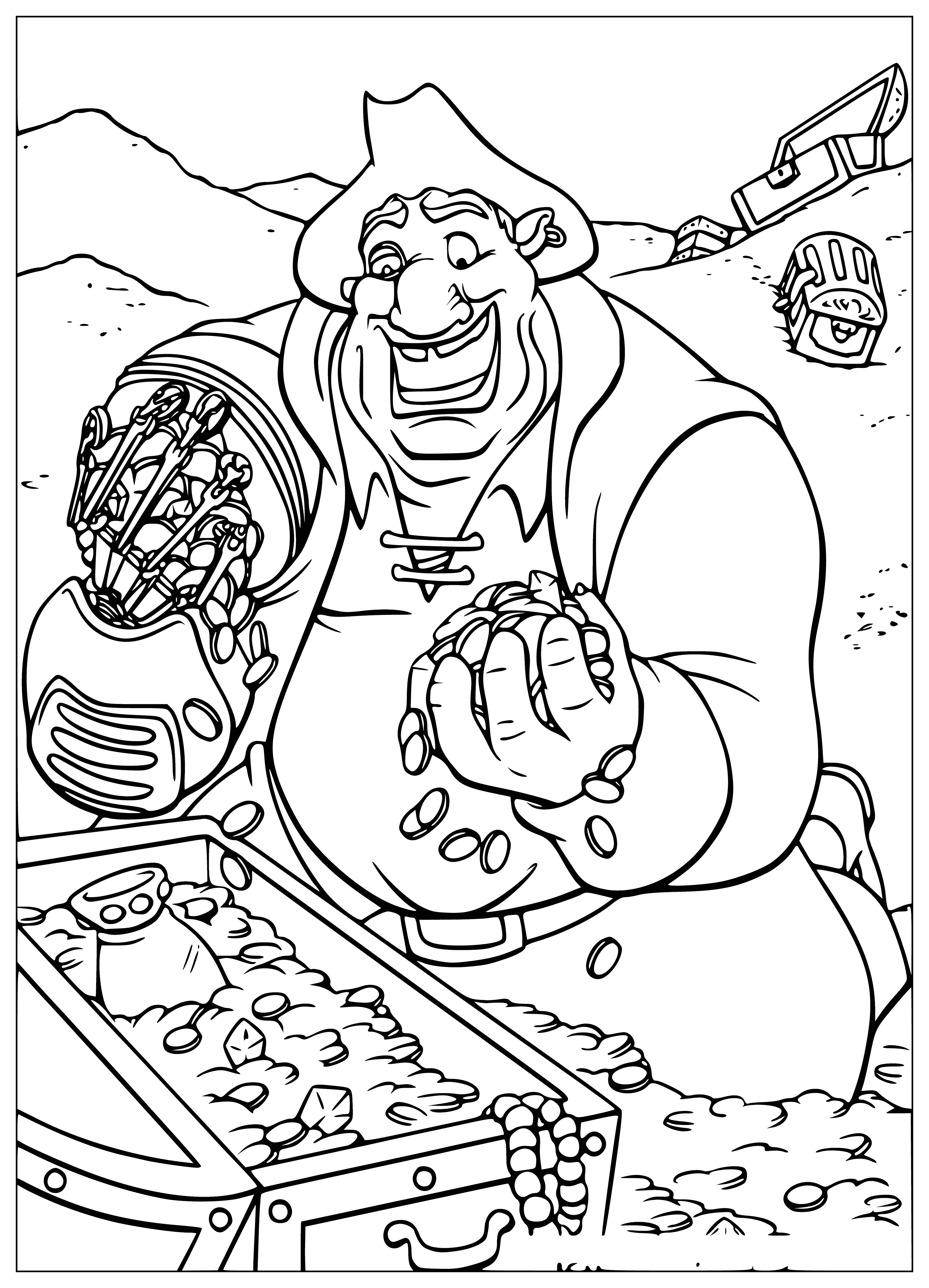 coloring page: A treasure chest overflowing with gold, weapons, armor and a map of an island with a red "X" - time to get digging!
