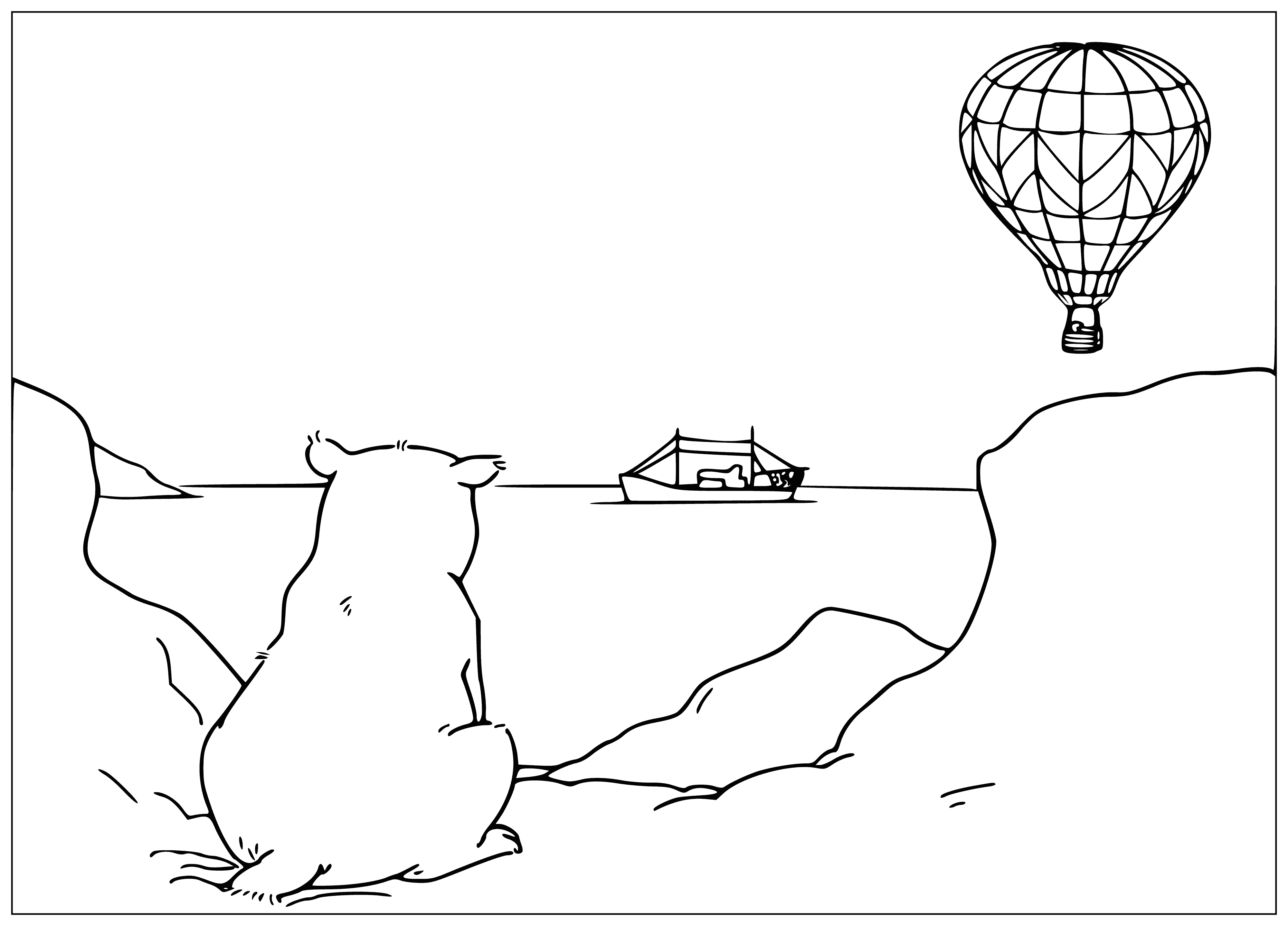 coloring page: Polar bear cub sits on ice, small black eyes, open mouth, fluffy fur. #wildlifeconservation