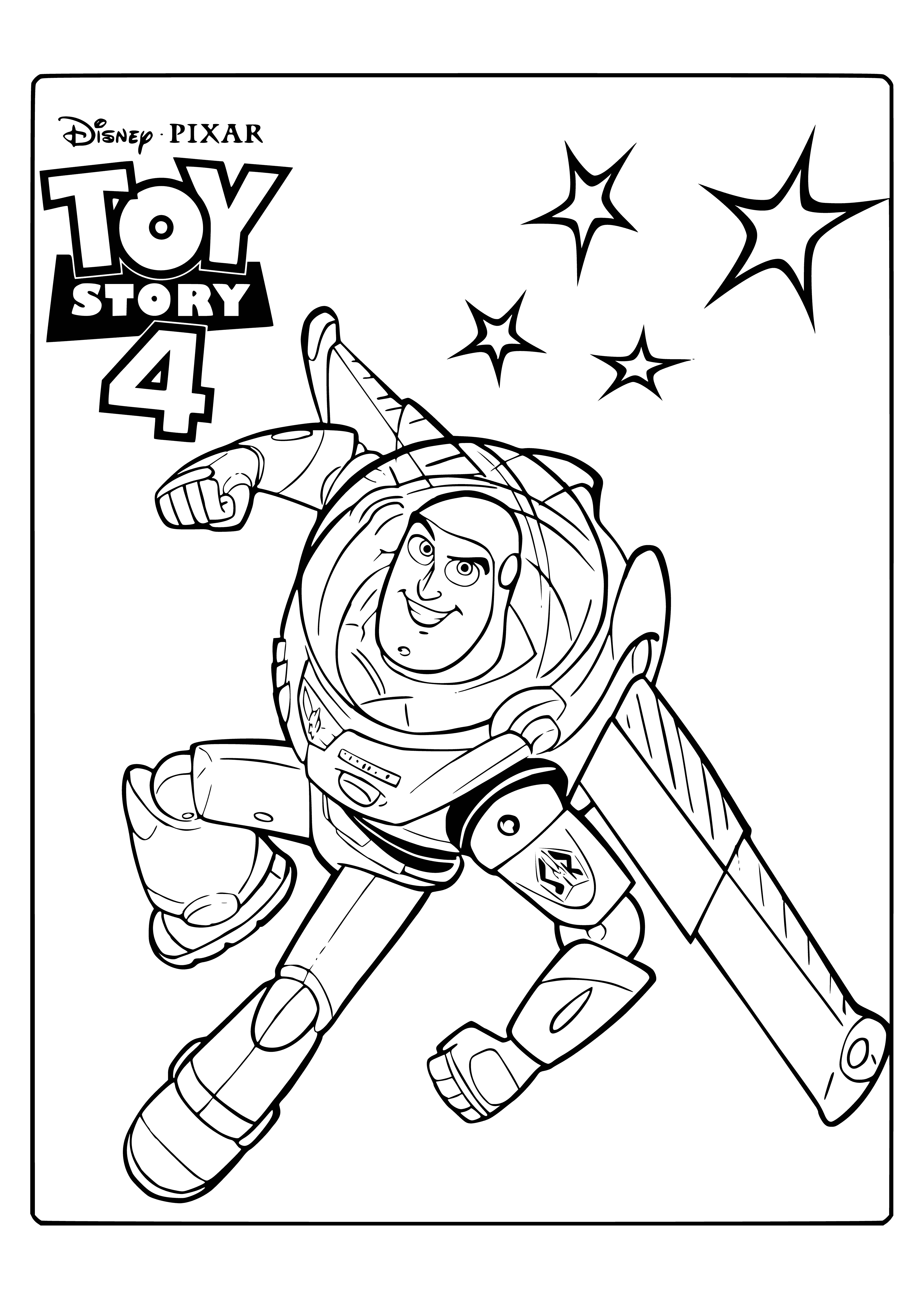 coloring page: Buzz Lightyear in space suit, green helmet, purple visor, white wings and purple blaster gun. Ready for an adventure!