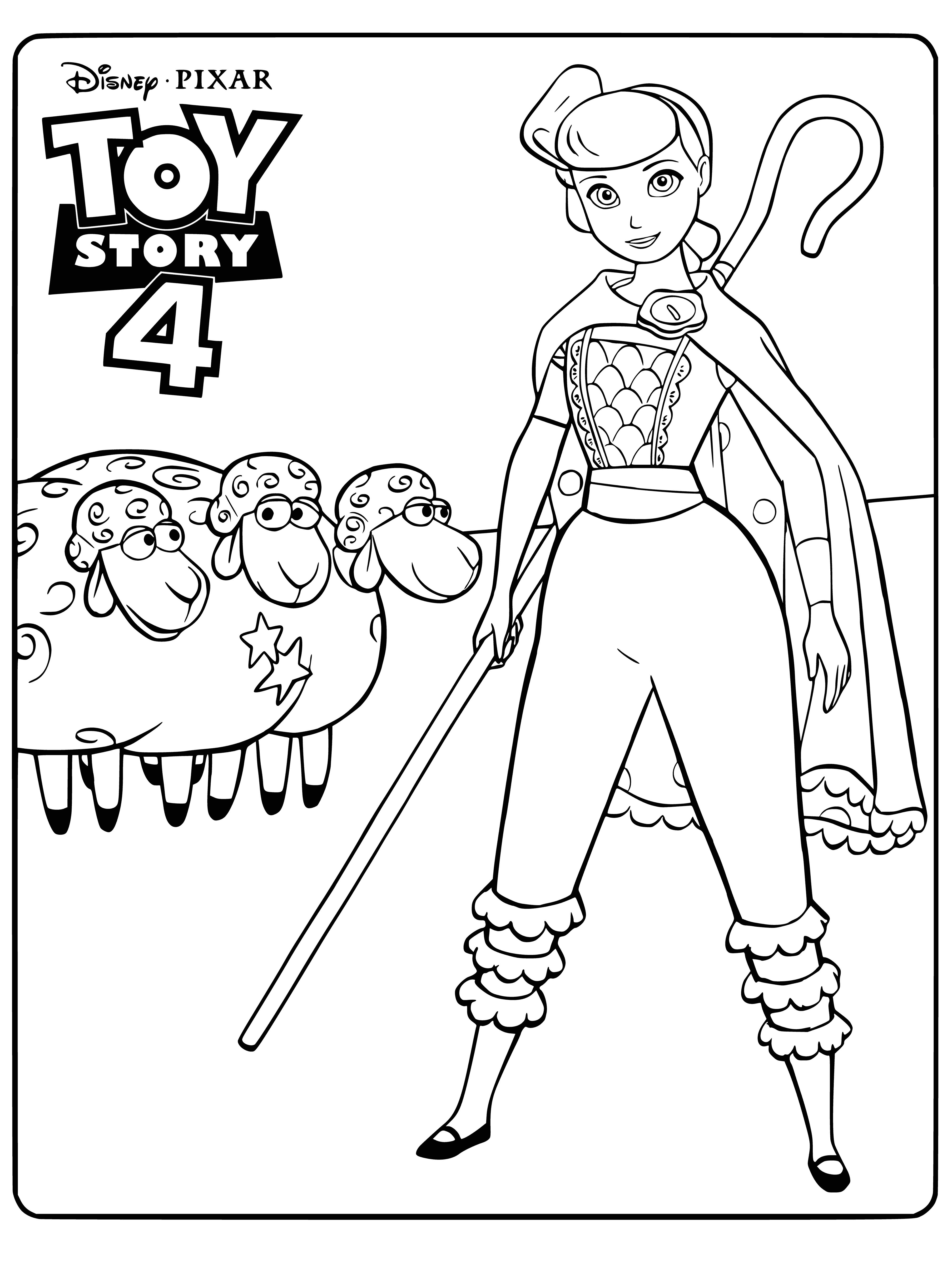 coloring page: Toy shepherdess stands w/ one hand on hip, other extended holding staff. Wears long dress w/ white flowers on blue background. Smiling with head slightly tilted.