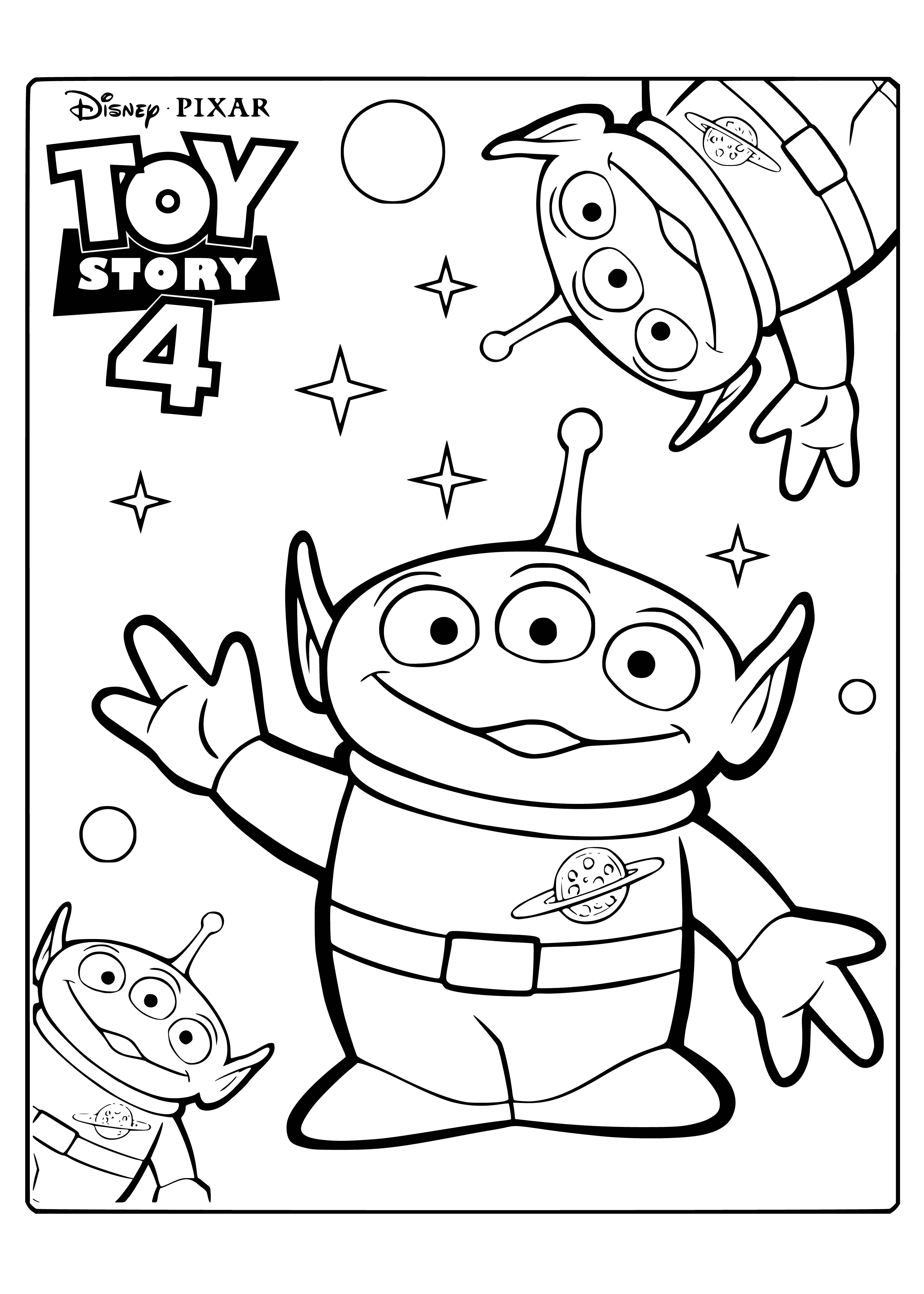 coloring page: 3 toy aliens standing on a table with a lamp behind them - they're green, have eyes & antennas.