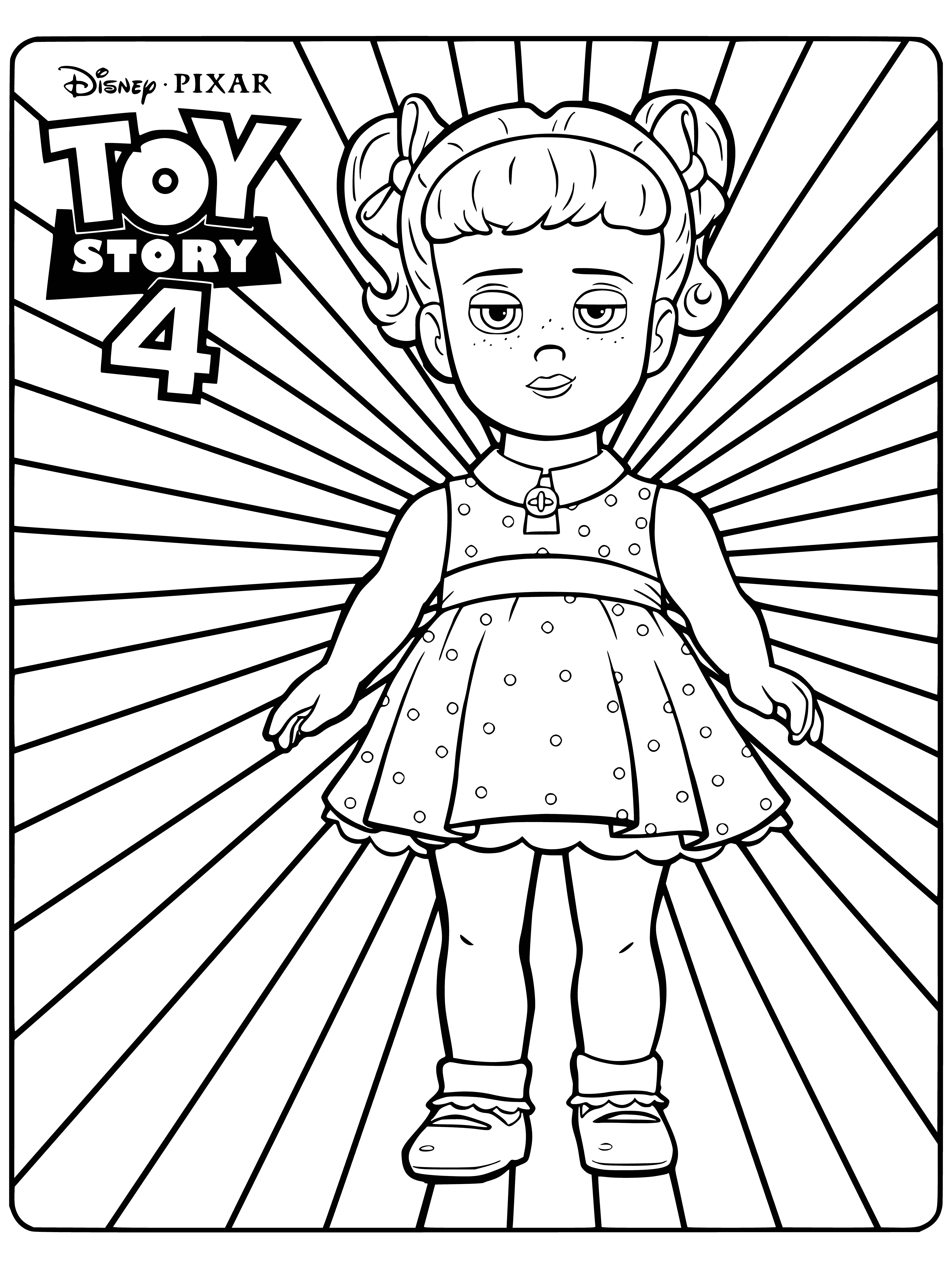 coloring page: Small, brown-haired Gabby Doll has a pink dress, purple shoes, small brown nose, and big blue eyes.