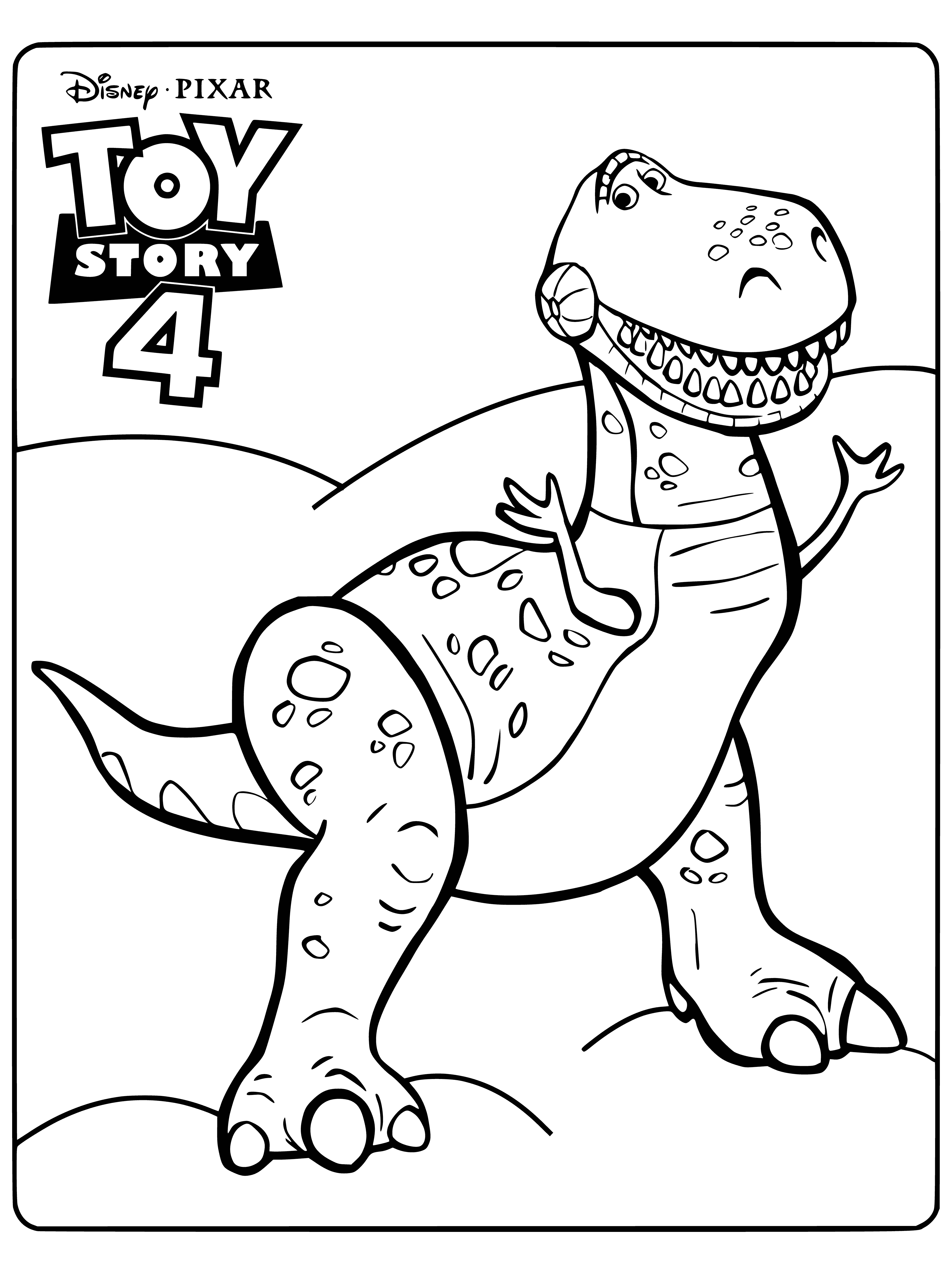 coloring page: A bright green dinosaur with white teeth, stubby arms & legs and a red collar with a gold tag that says "Rex".