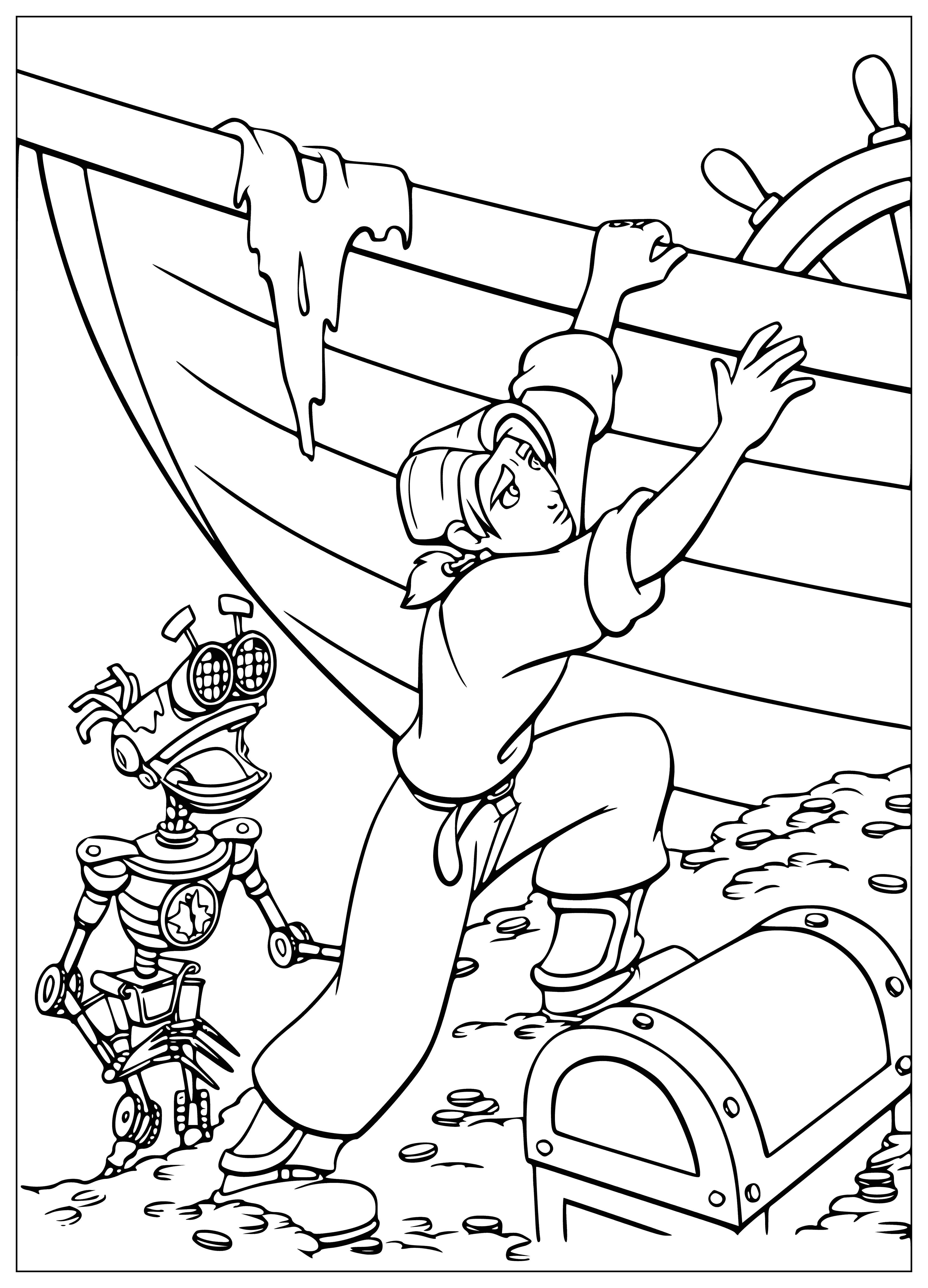 coloring page: Abandoned ship lies in the middle of a treasure-filled planet with a huge golden sun & 2 treasure chests. Hull cracked & sails torn, but fortunes await to be discovered.