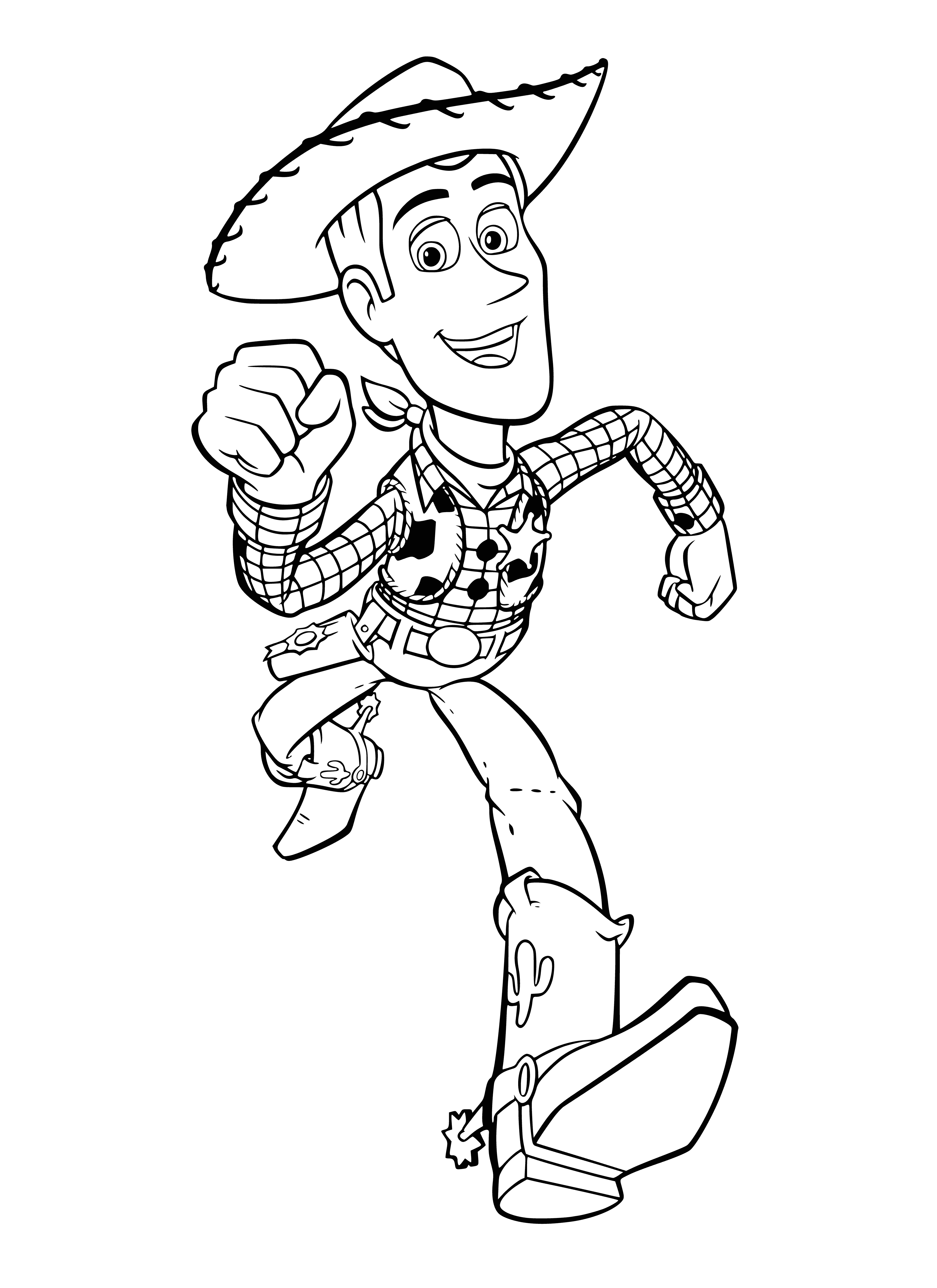 coloring page: A toy cowboy named Woody with a brown hat, yellow shirt, red neckerchief, blue jeans, brown boots, and black belt with a blue bandanna in his back pocket holding a lasso. #Woody #ToyStory