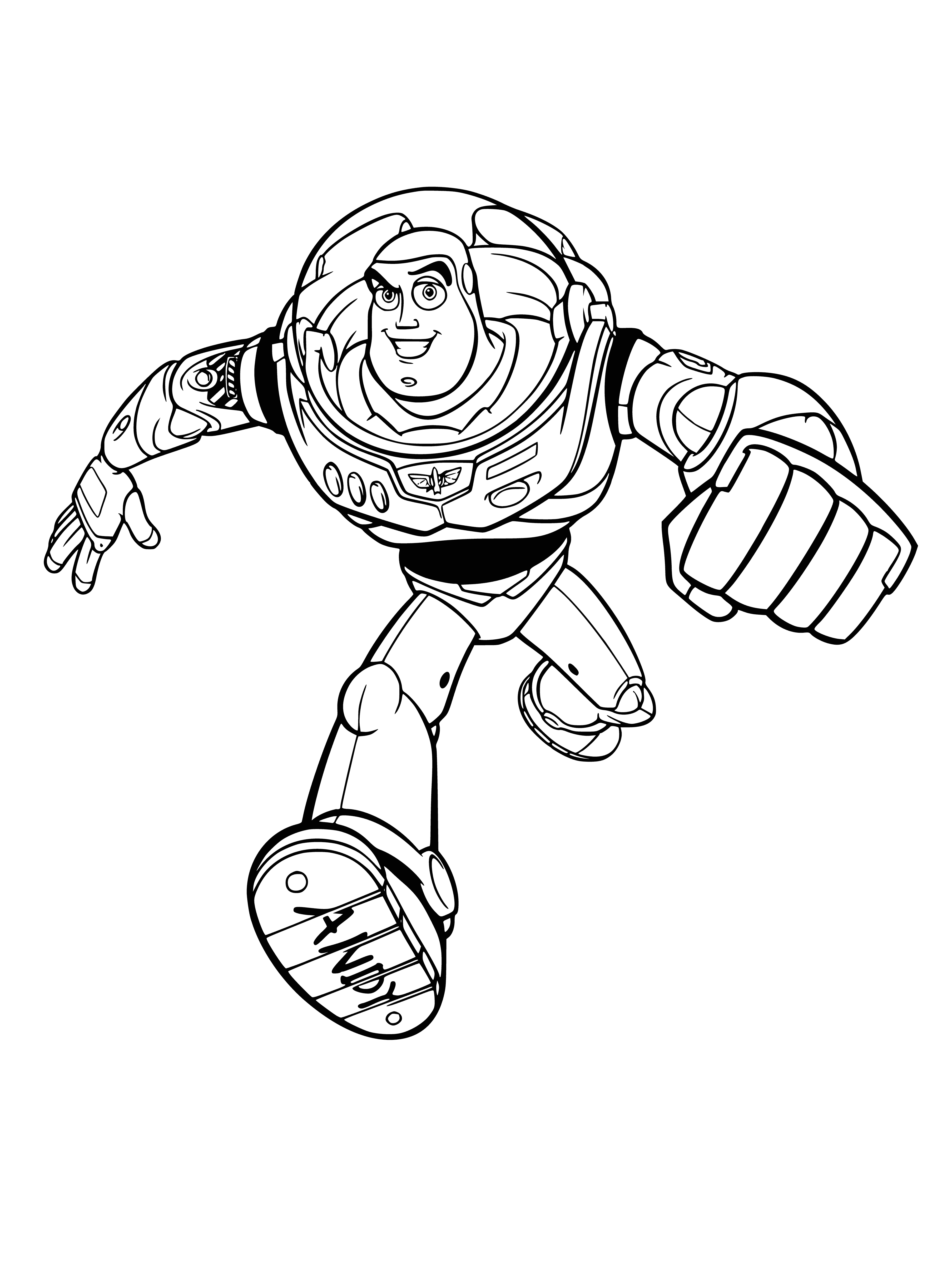 coloring page: Toy soldier stands smiling in front of spaceship, holding red laser gun, decorated with white stars.