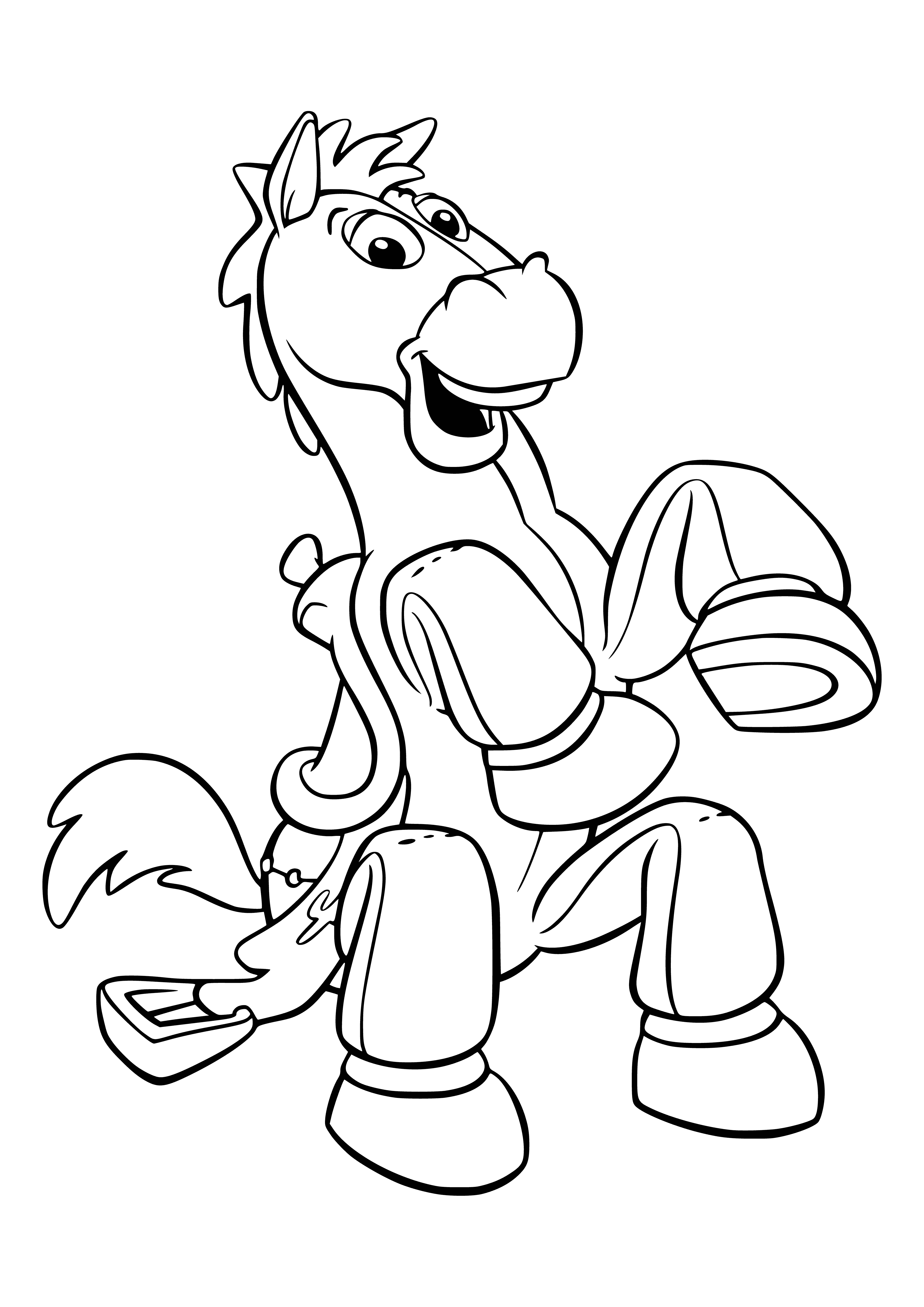 coloring page: 140 characters: The Bullzai horse is a red and white horse with blue saddle, black mane & tail, and yellow star on its forehead.