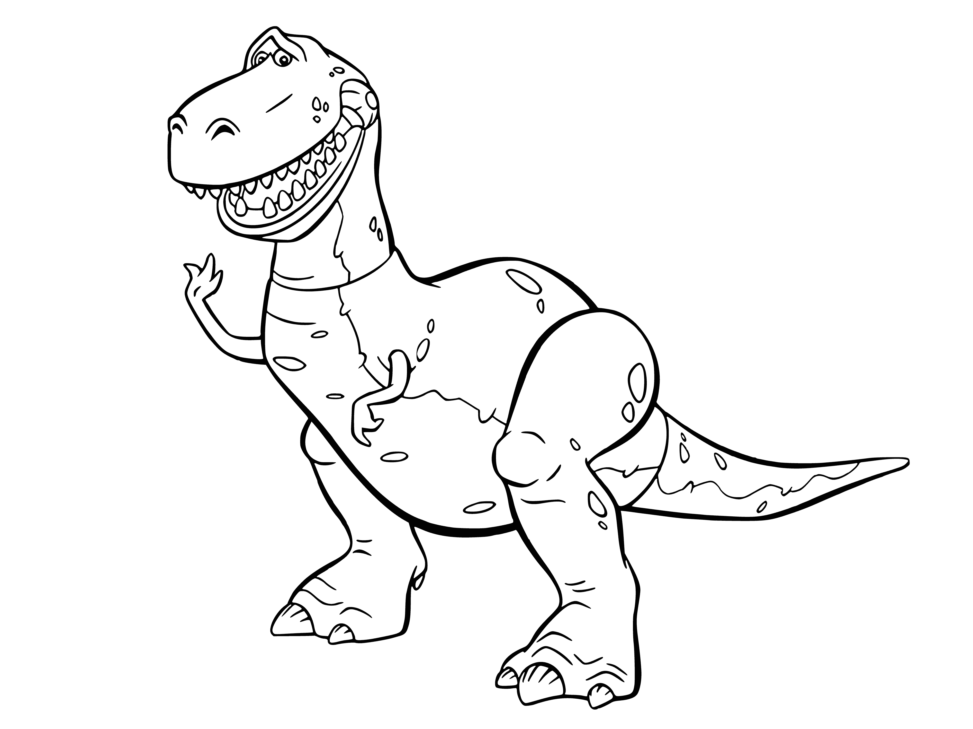 coloring page: Rex is a happy, green dino with red spots, two horns, long neck/tail, two arms/legs, standing in a grassy field with a blue sky & white clouds.