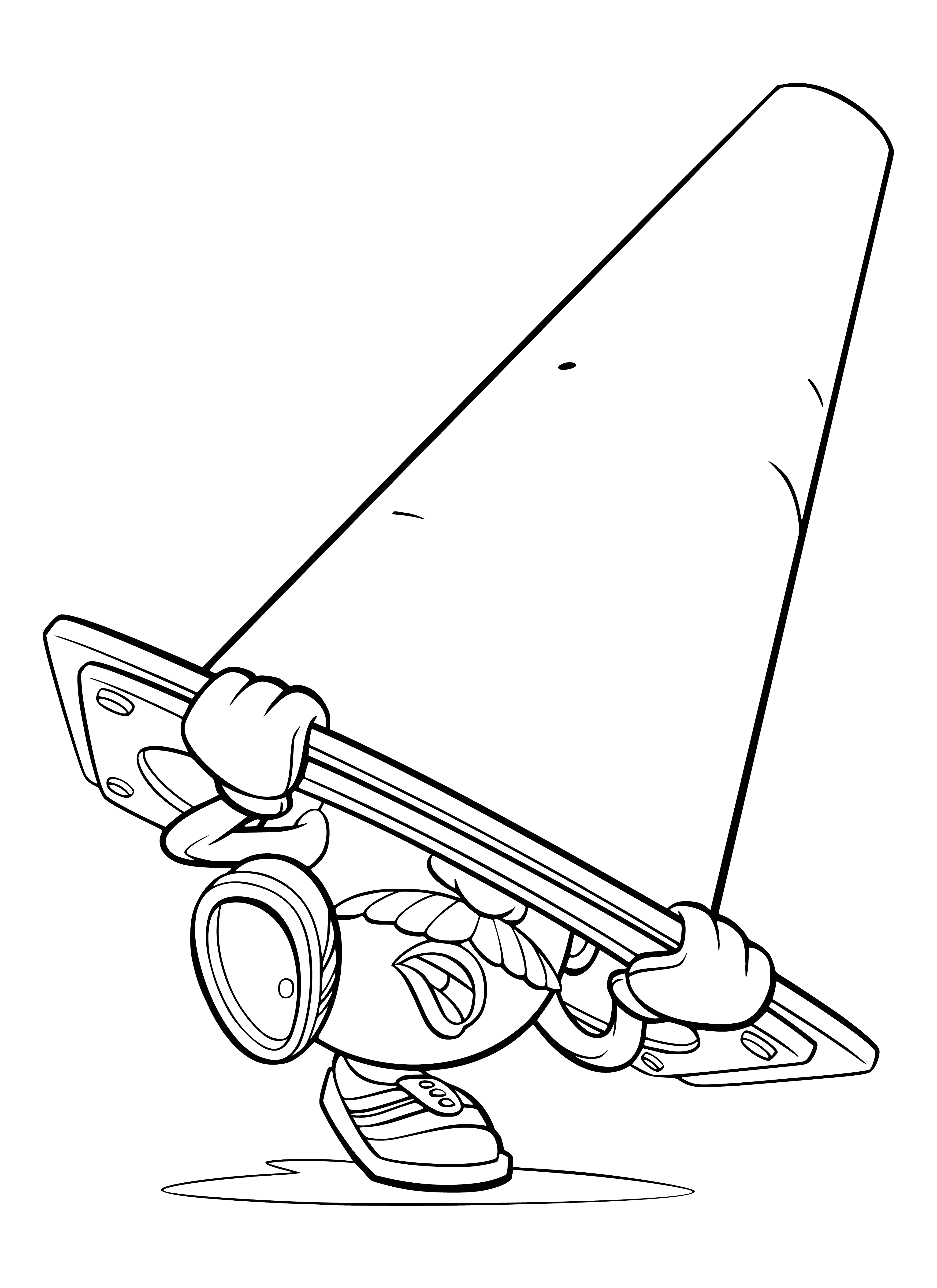 coloring page: Mister Potato Head is stuck under a traffic cone with squished face and awkward limbs sticking out.