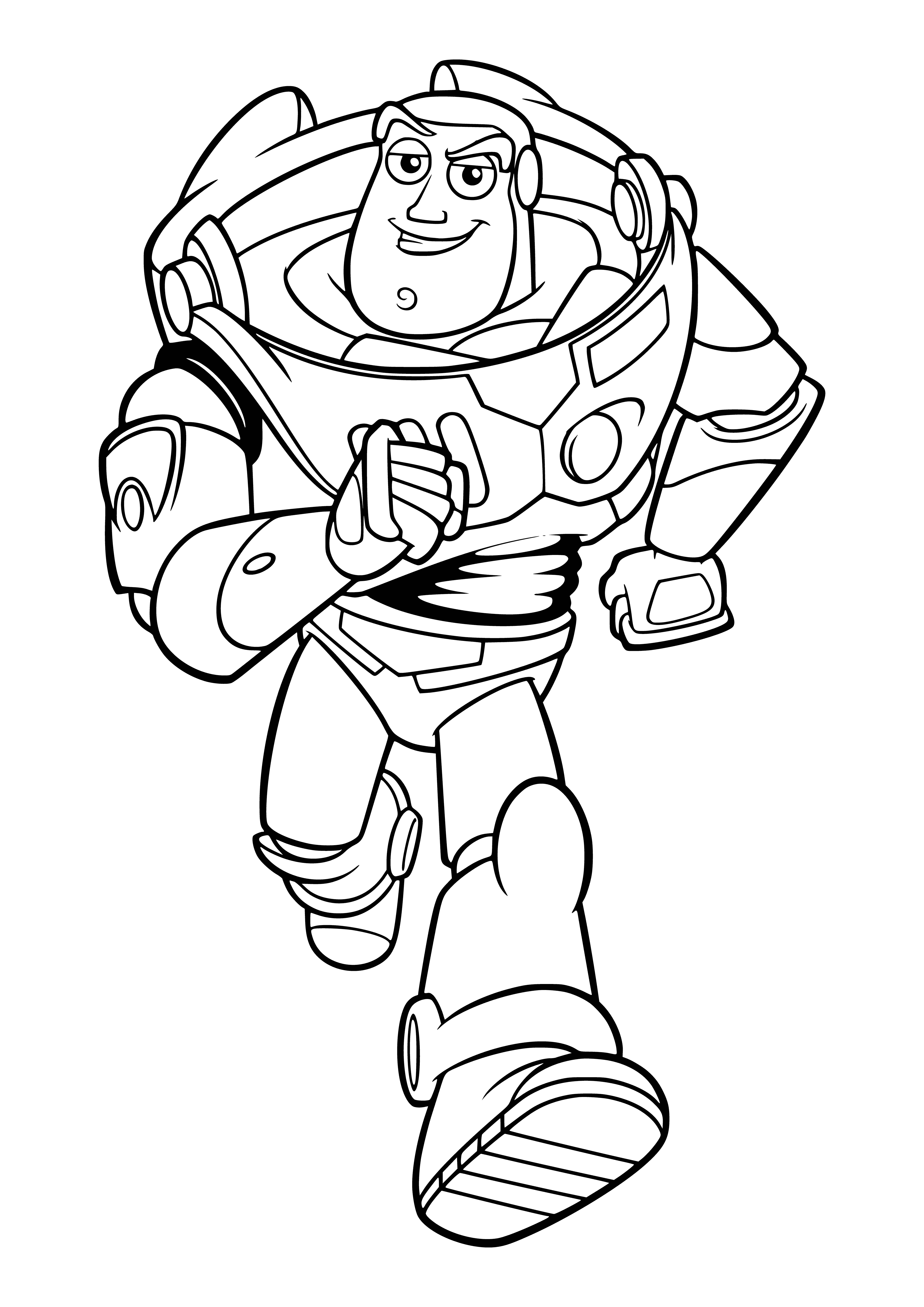 coloring page: Buzz is the leader of a space ranger team. He's ready to fight with his laser gun & jetpack to fly around.