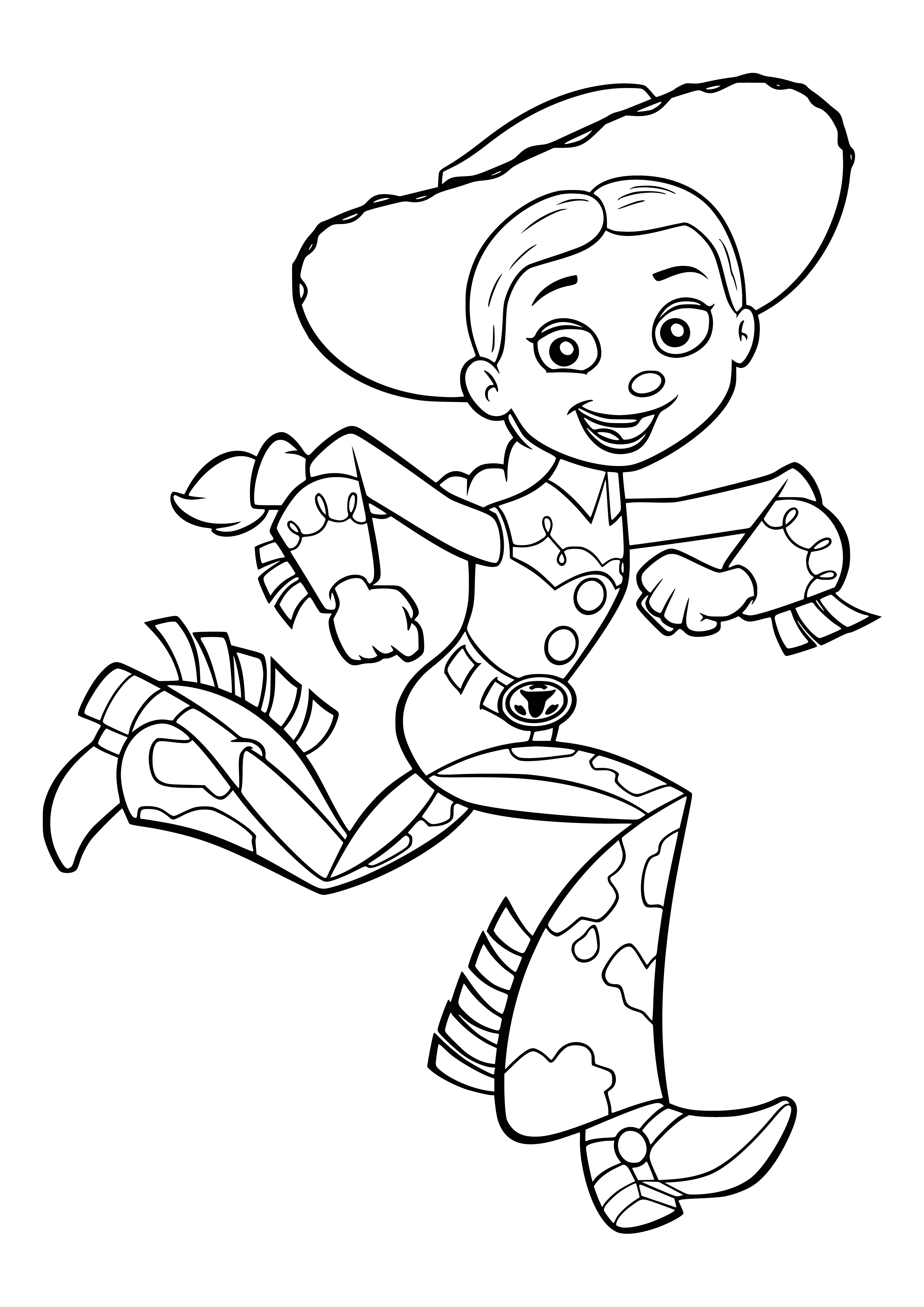 coloring page: Girl with red hair in cowgirl outfit, holding brown lasso, standing in front of brown horse.