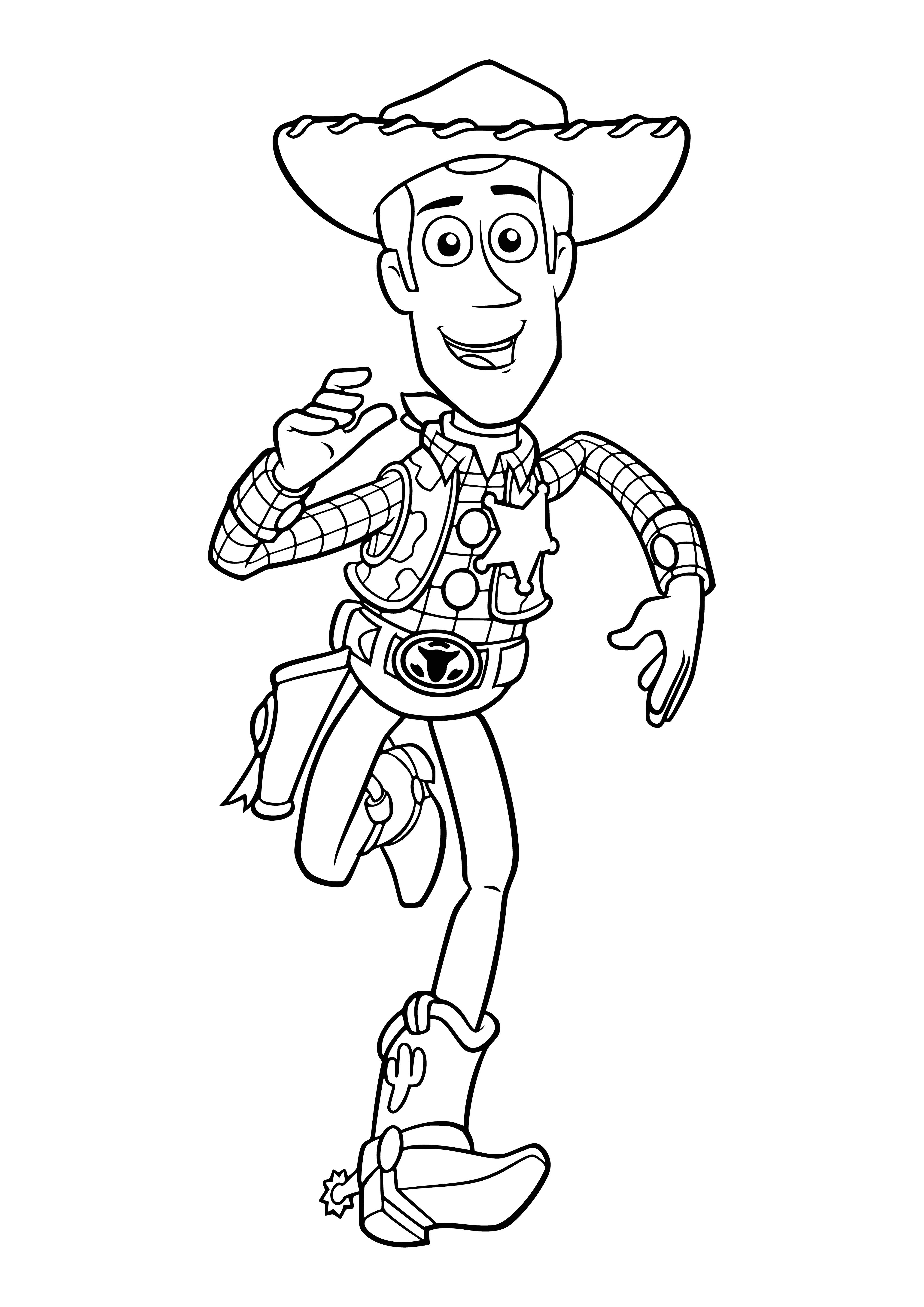 coloring page: A wood Cowboy toy with jointed arms, legs, & a hat; holds a white rope in his hand. #cowboy #toy