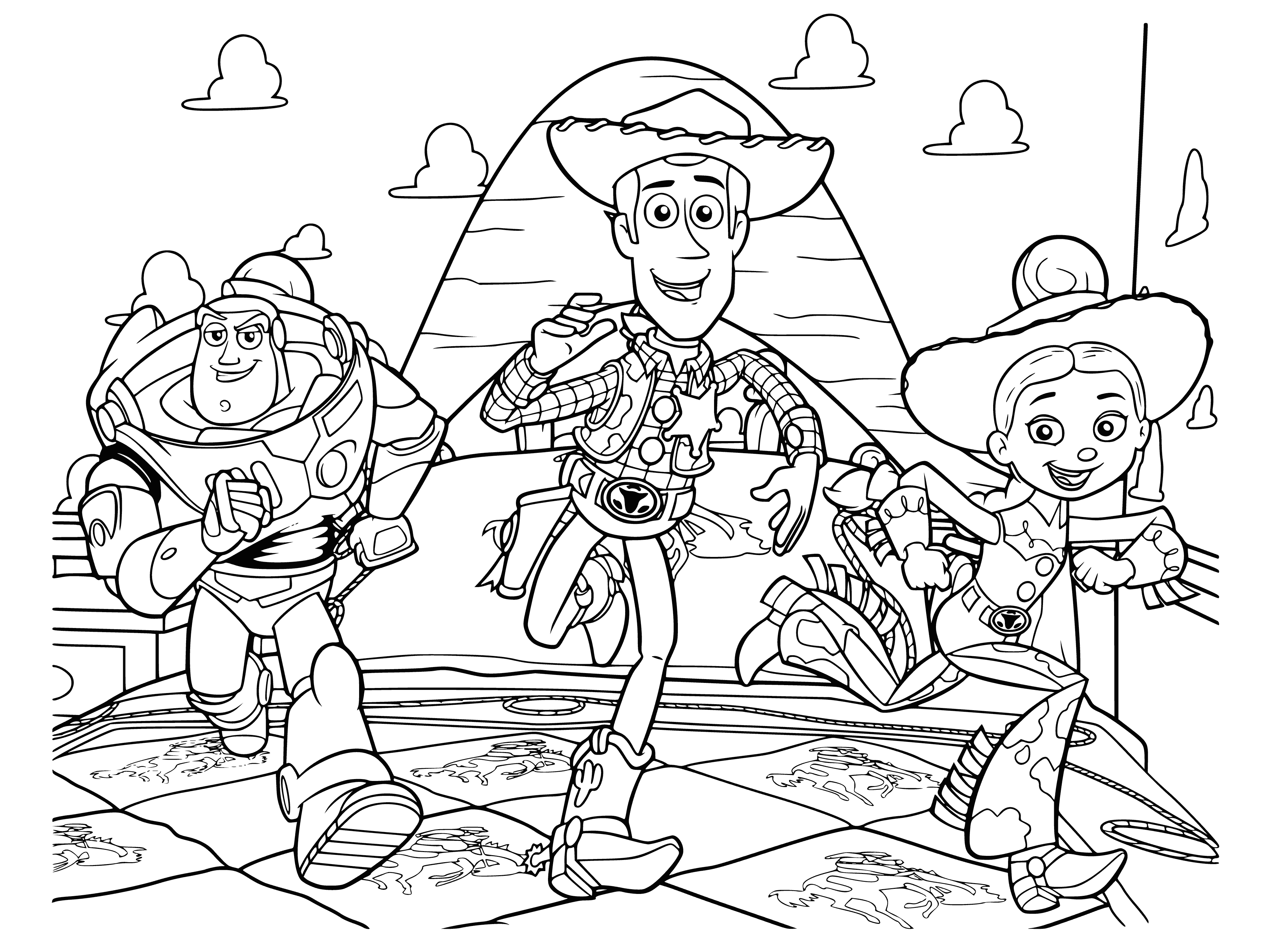 coloring page: Three dolls, Woody, Buzz and Jesse, stand on a green carpet. # ToyStory # Disney