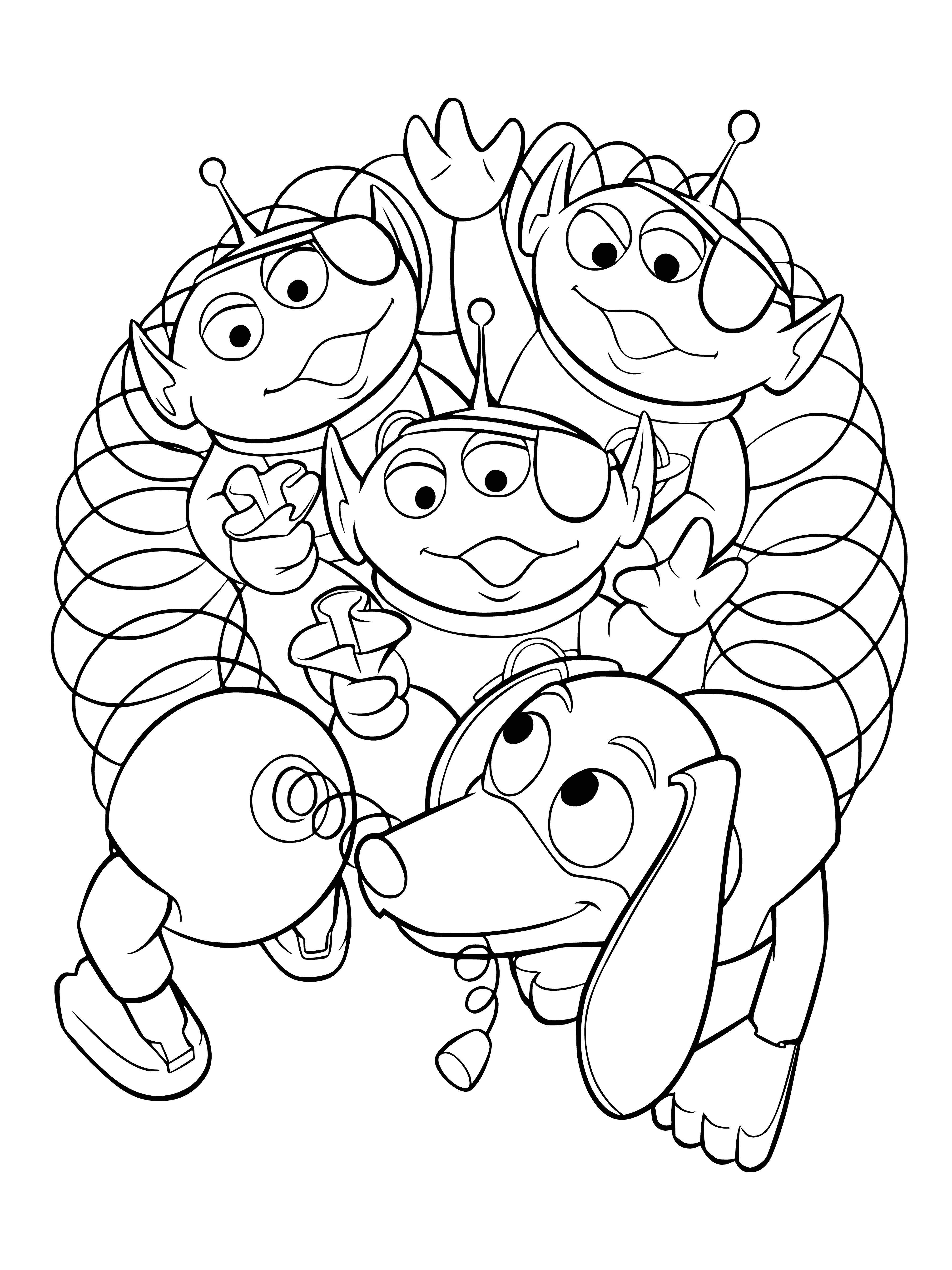 coloring page: Dog with brown collar chases 3-eyed aliens in purple shirts & red pants in a scene based on Toy Story movie.