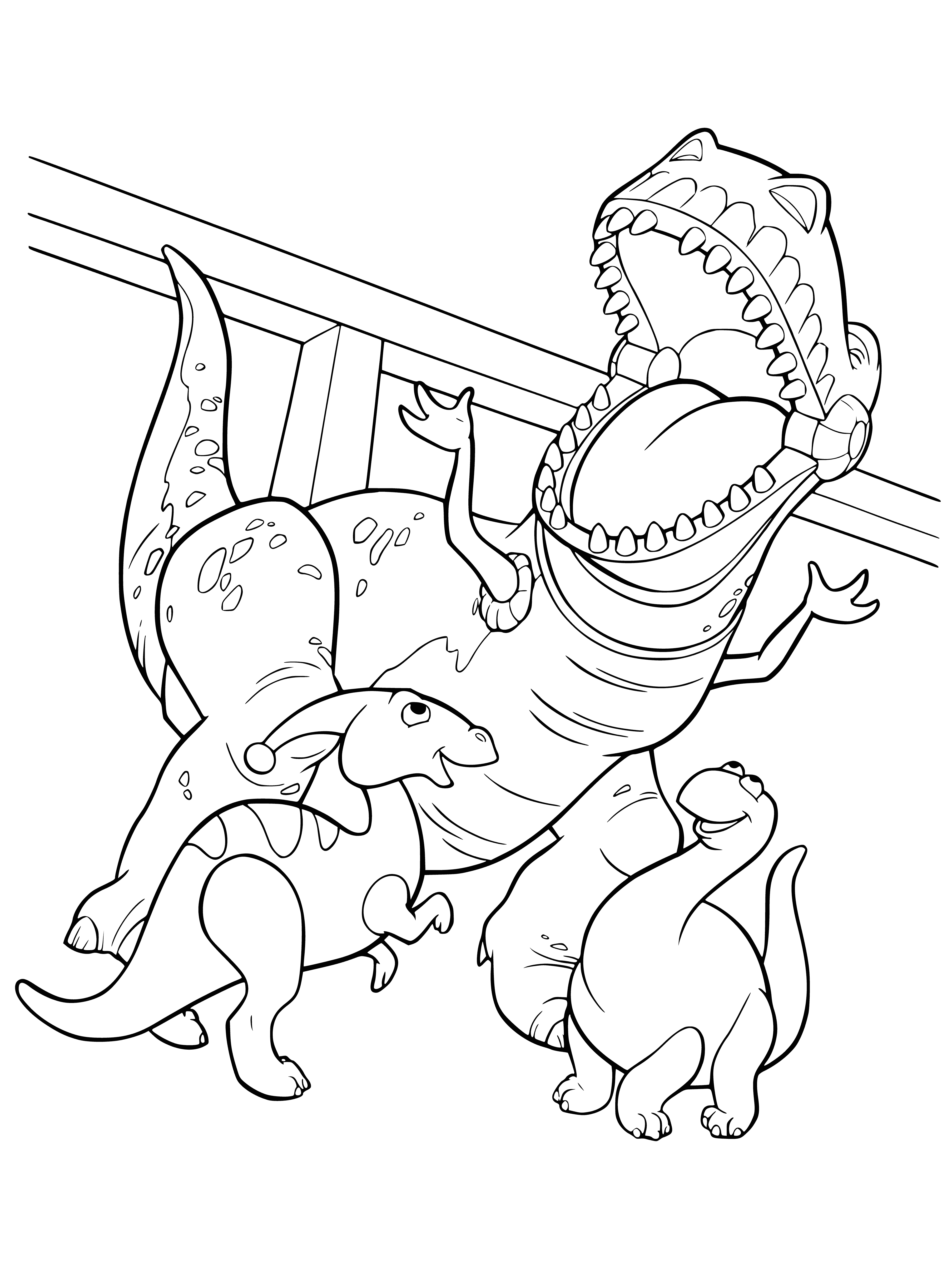 coloring page: 3 dinos in coloring page- green biggest, blue & yellow smaller, all 3 eyes closed.