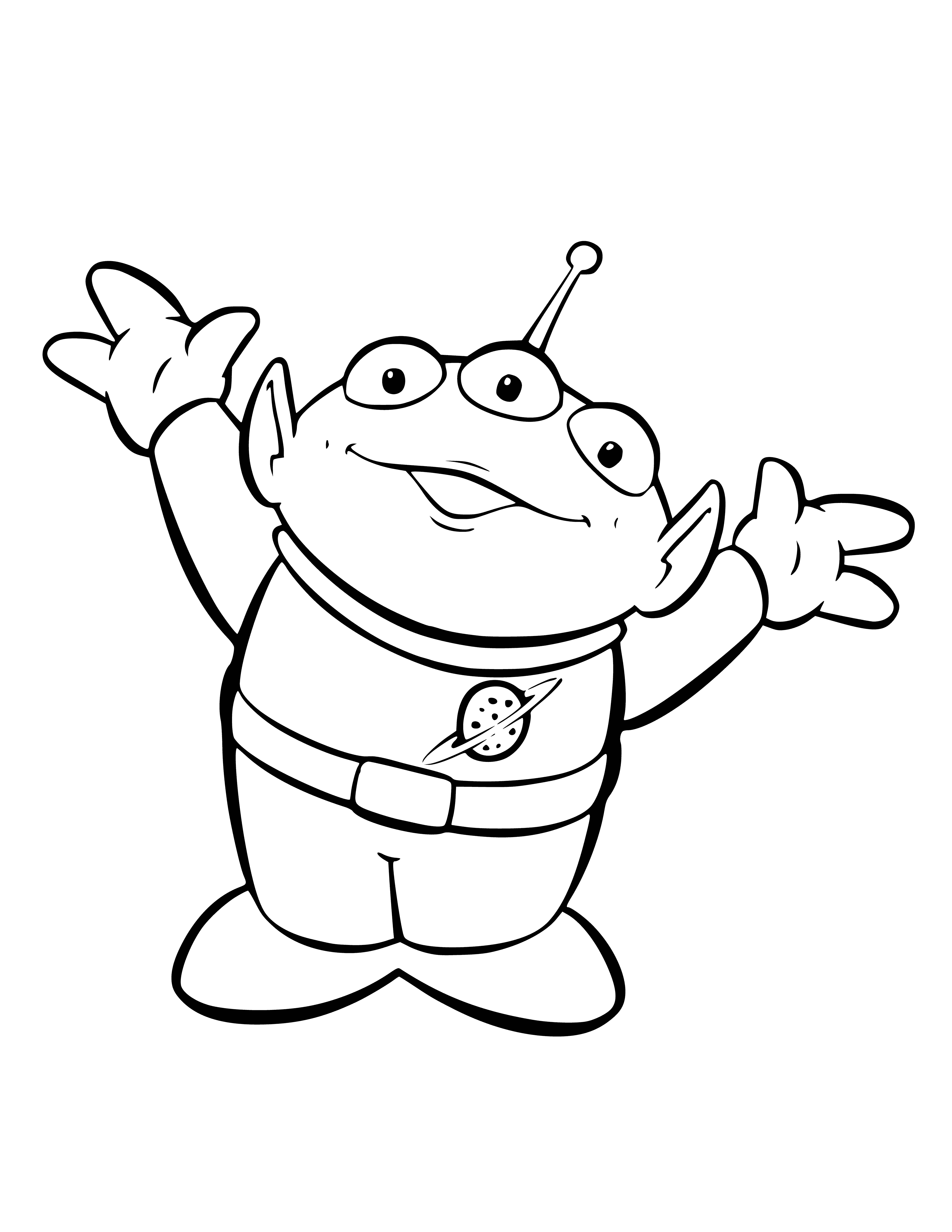coloring page: A green three-eyed Alien toy with two arms/legs wearing a purple Spacesuit from Toy Story.