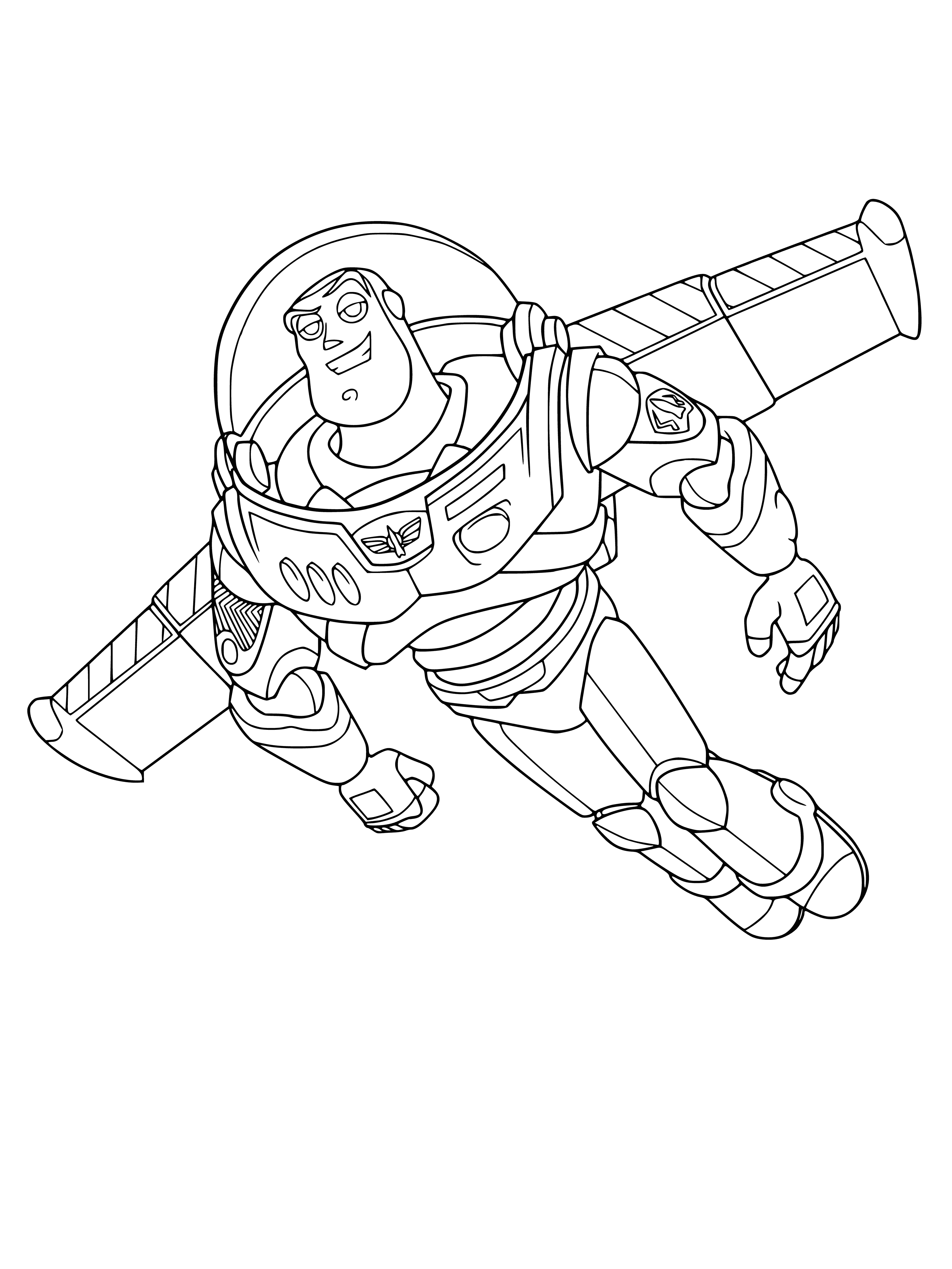 coloring page: Toy Story's Buzz Brightwing in his space suit and wingsuit, holding a ray gun & shield, against a space background.