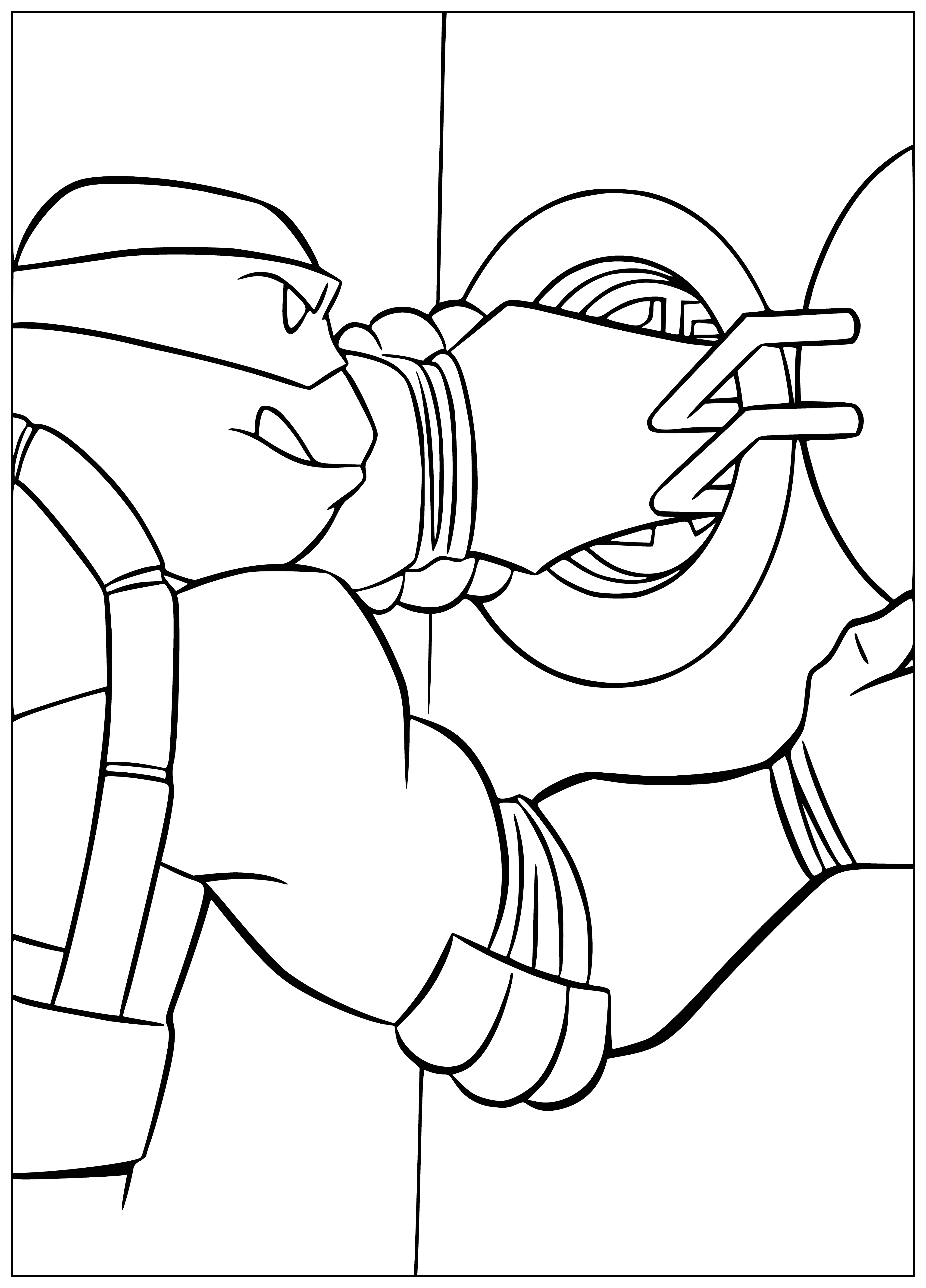 coloring page: Three turtles wear masks, wield weapons & stand in cityscape; orange has blue mask, holds two katanas; blue has orange mask, holds a staff; green has brown shell, wears red mask, katanas crossed behind.