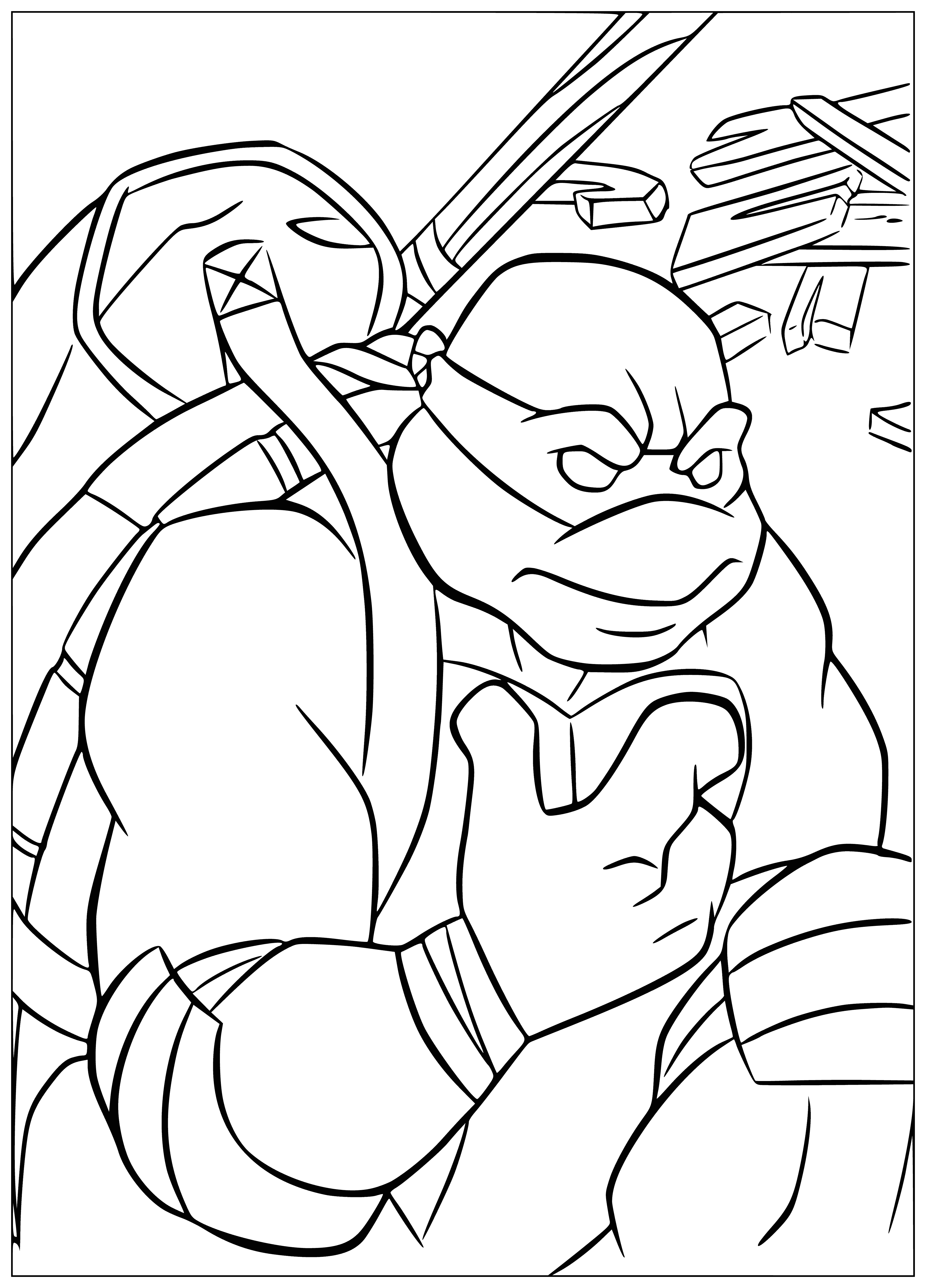 coloring page: Turtle wearing a purple mask and yellow bandana, holding staff and with a shell on back - ready for adventure! #turtle #adventure