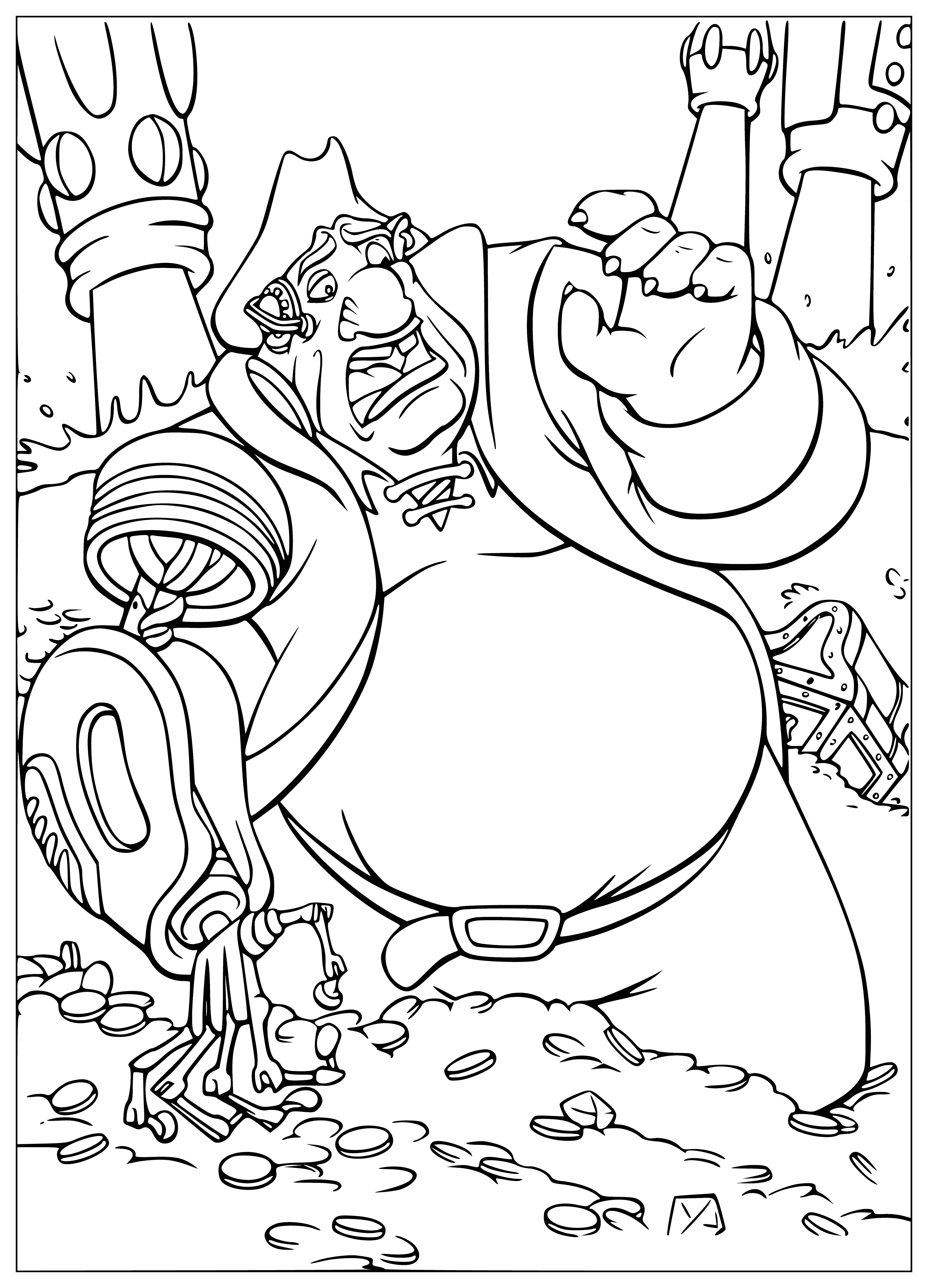 coloring page: Pirates find treasure on a planet with an "X". Chest is open & gold coins are spilling out.