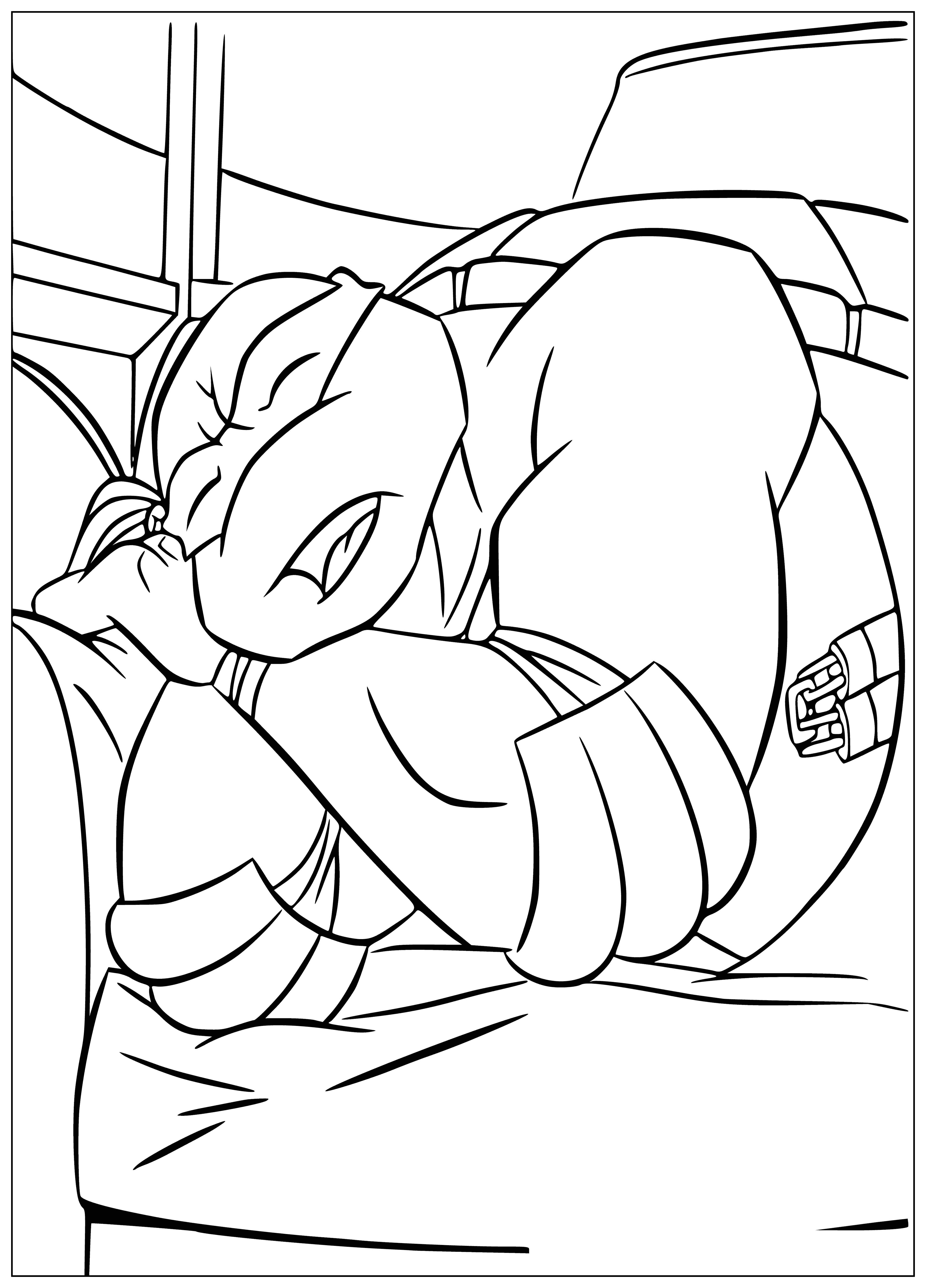 coloring page: Raphael sleeps peacefully on a green blanket, head resting on folded arms, smiling serenely.