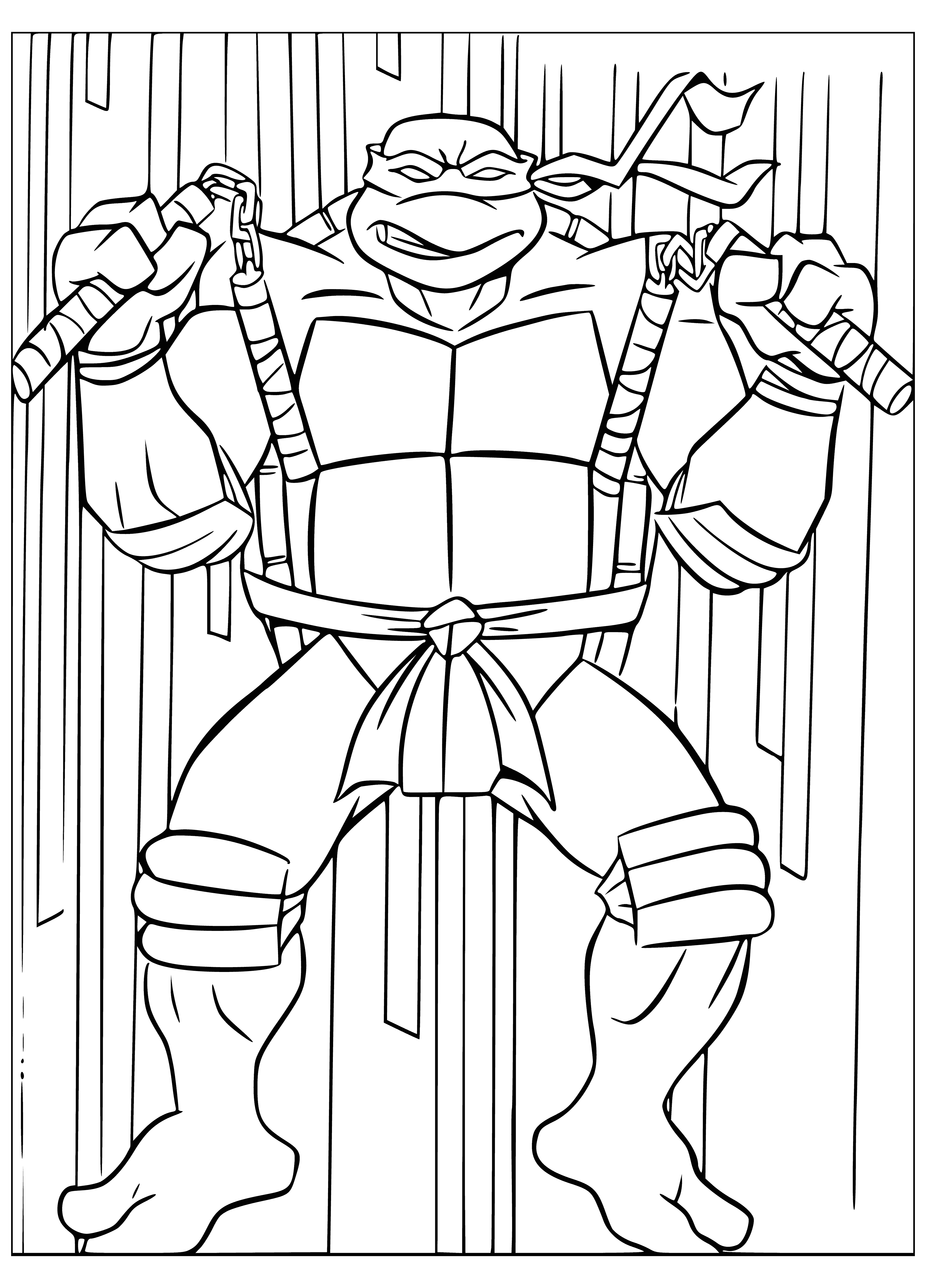 coloring page: Four Ninja Turtles, incl. Michelangelo - orange mask, shell, two swords, always joking, loves pizza.