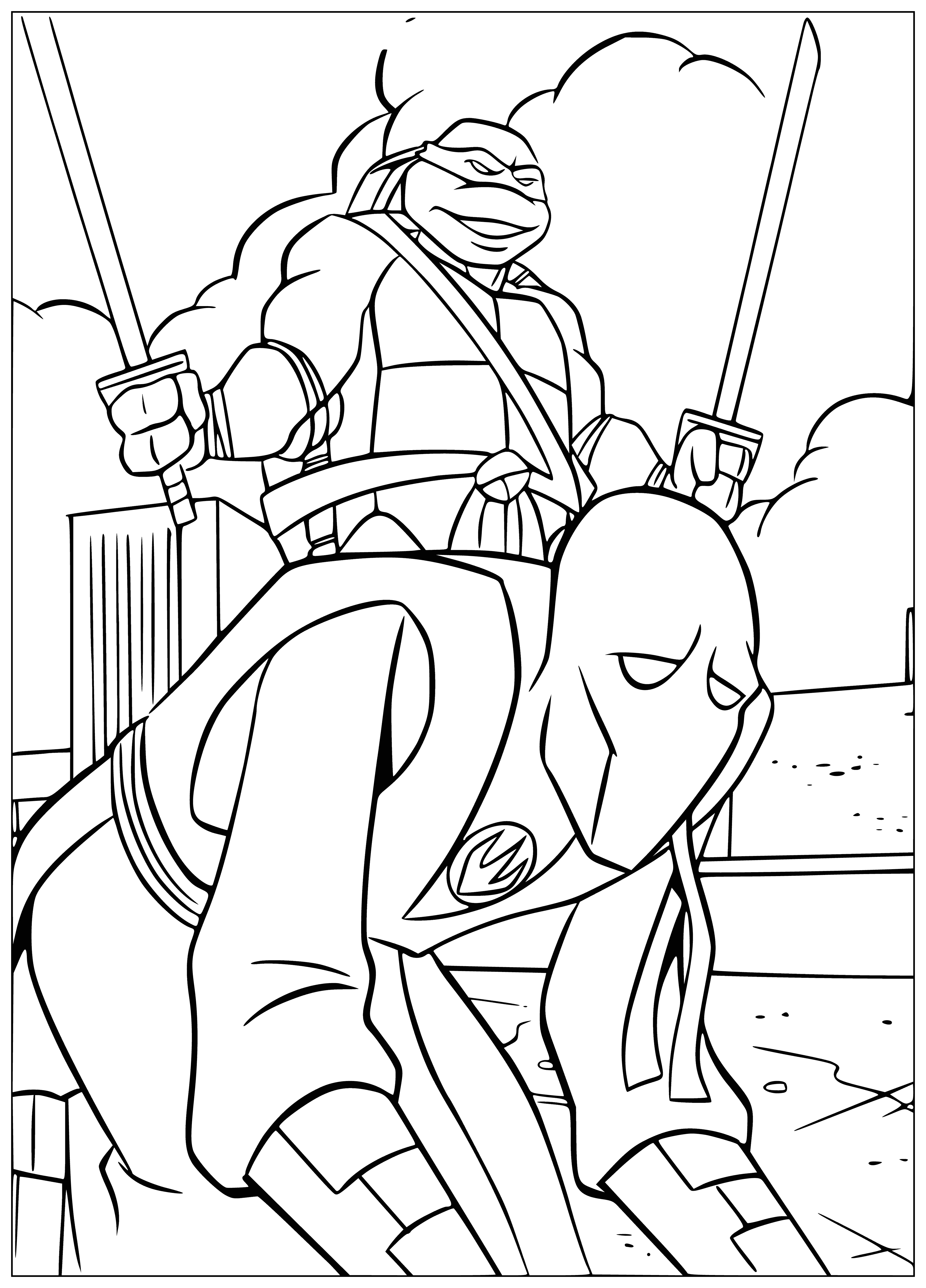 coloring page: Turtle with light green body, dark green shell, brown eyes, yellow stripe and swords in its hands.