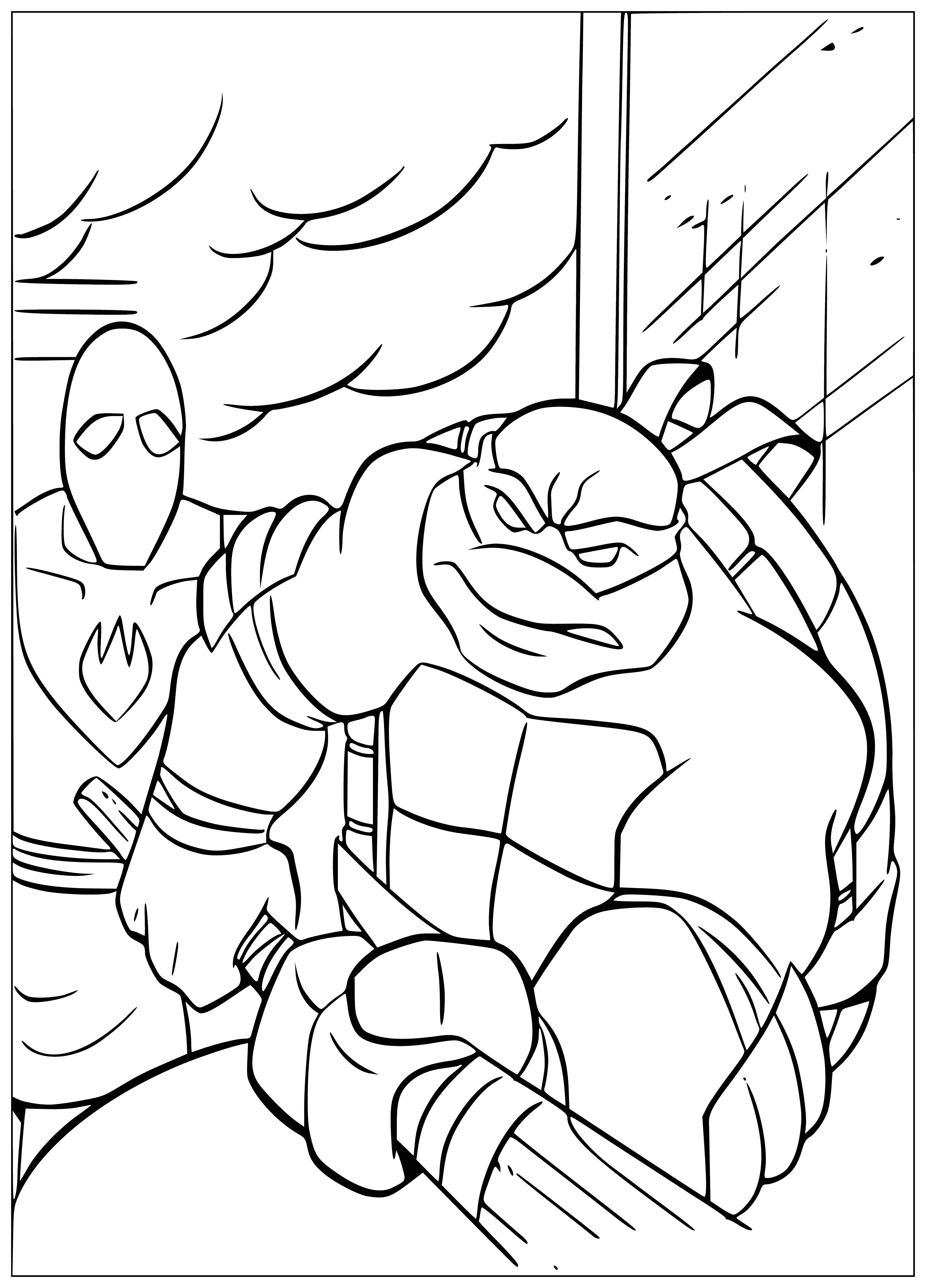 coloring page: Dark-haired turtle teen in purple mask, Donatello & cityscape at night in background. Written above his head: Donatello.