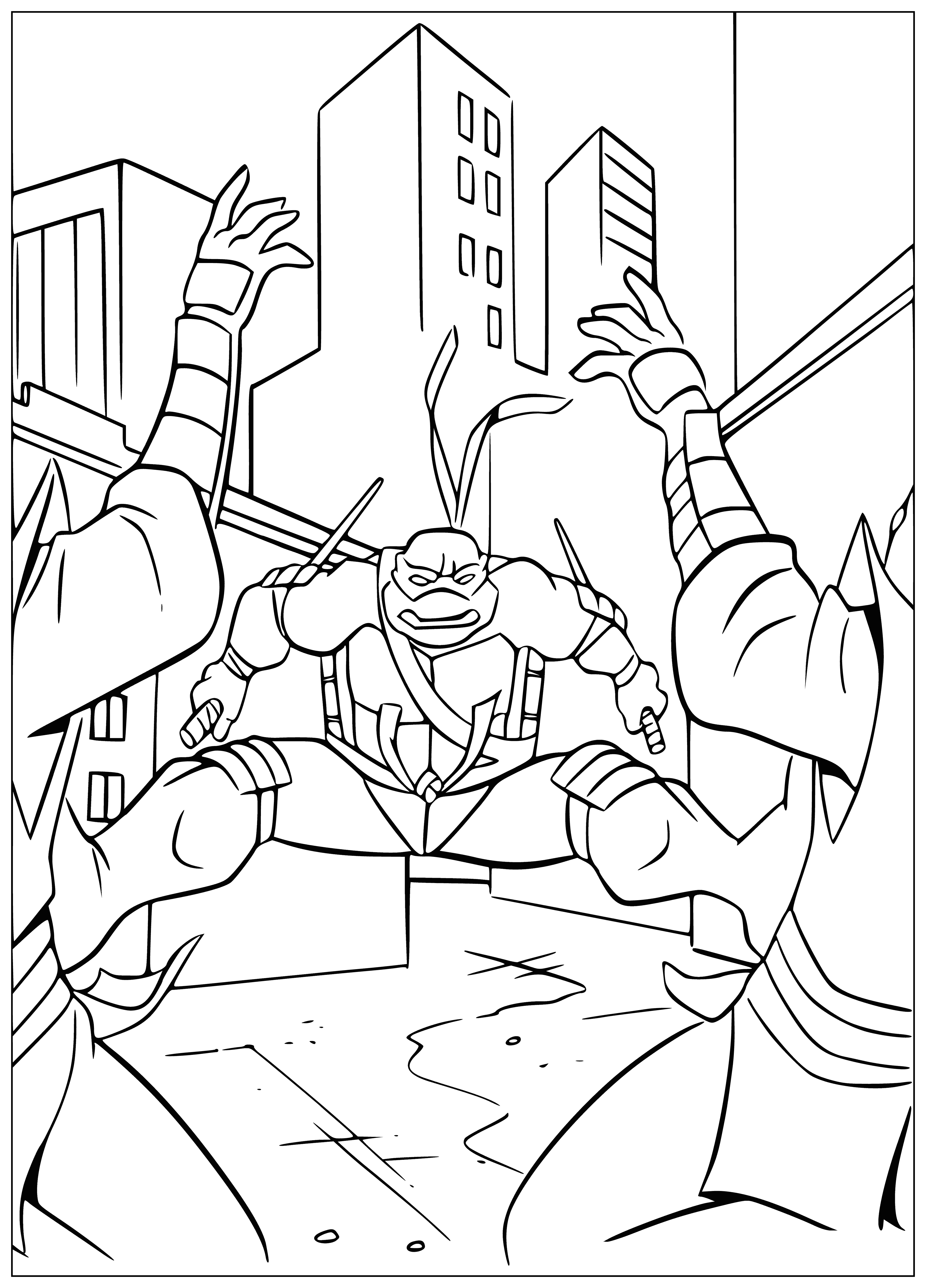 coloring page: Large green turtle with red mask, nunchucks & red "R" on its shell.