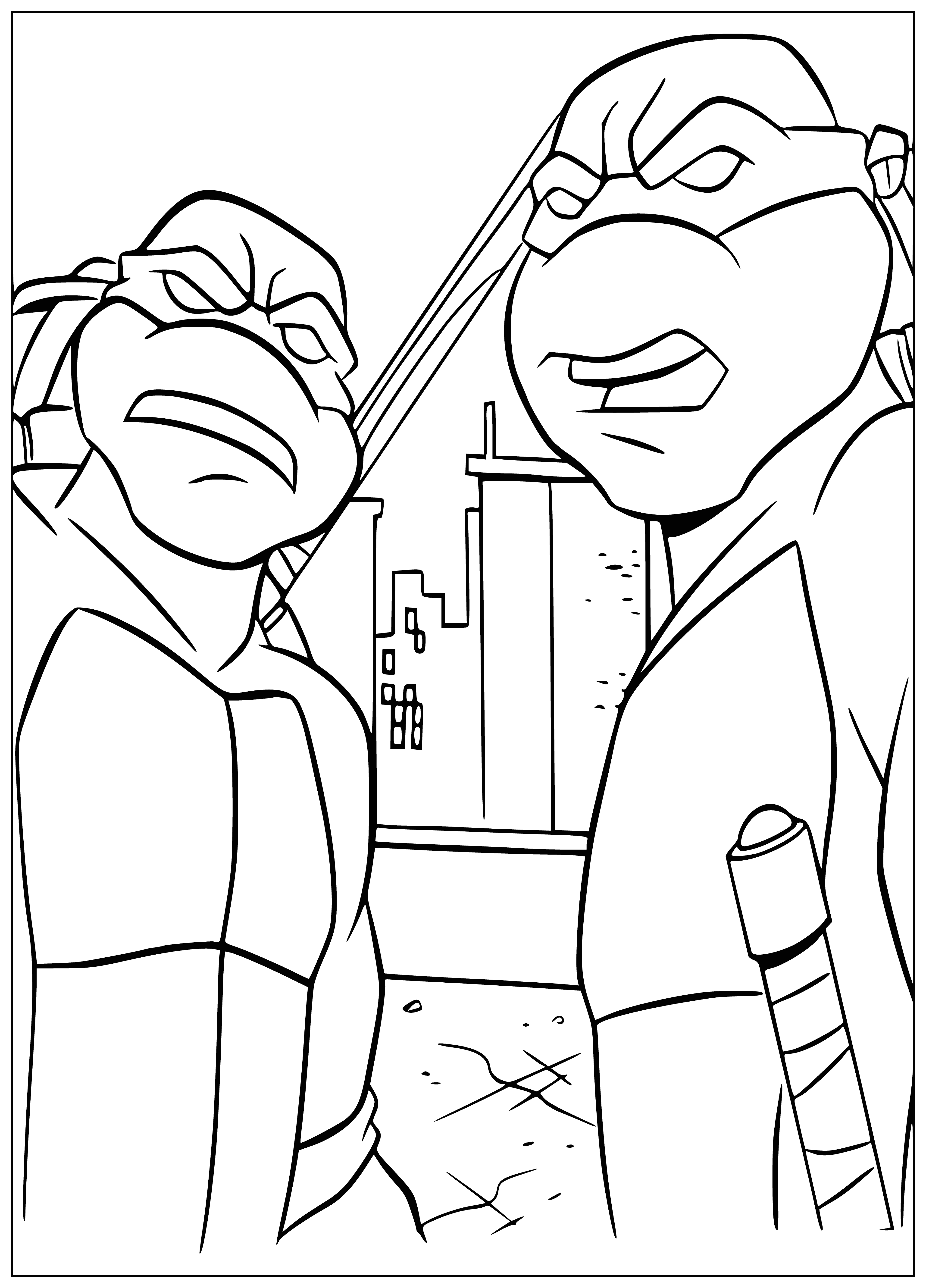 coloring page: The TMNT are four teenaged mutant ninja turtles, trained by their sensei Splinter to fight crime. They often team up with other allies for their adventures, inspired by comic book superheroes.