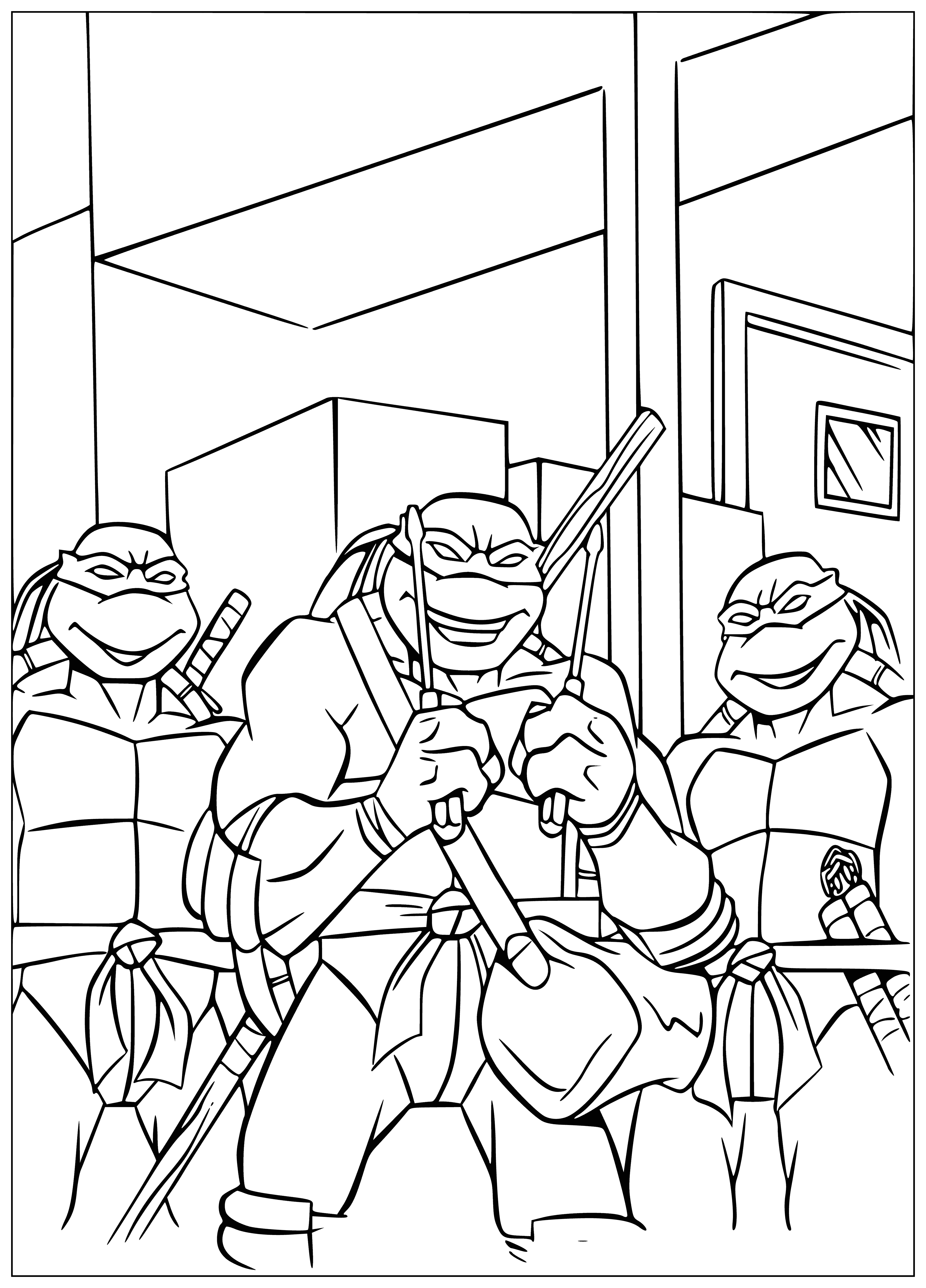 coloring page: 4 turtles with colorful masks & weapons, 2 with arms crossed- a fun coloring page! #turtles #coloring #fun