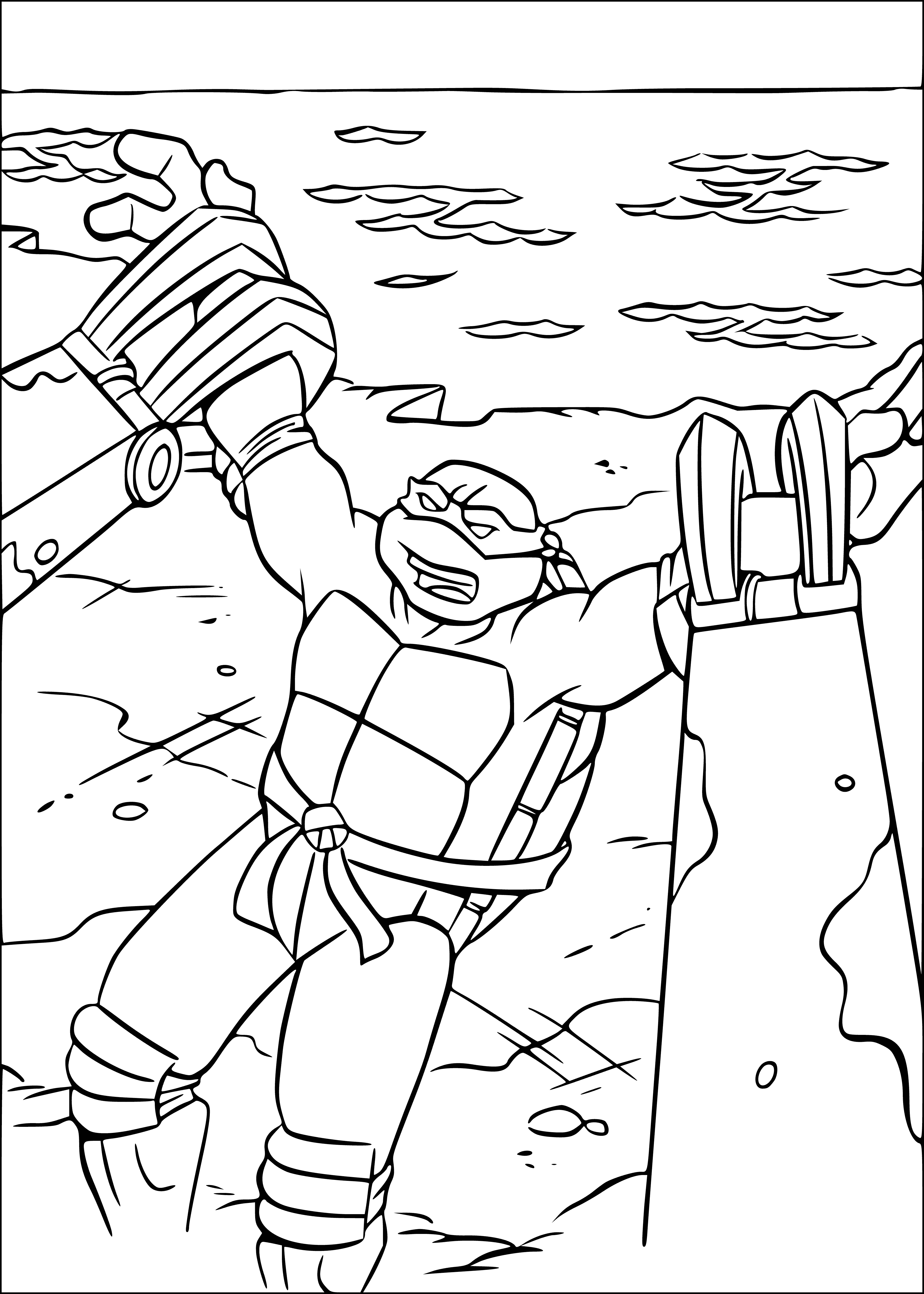 coloring page: Teenage turtles mutated by a radio active substance battle crime in NYC, using Ninja skills taught by Splinter, their rat sensei.