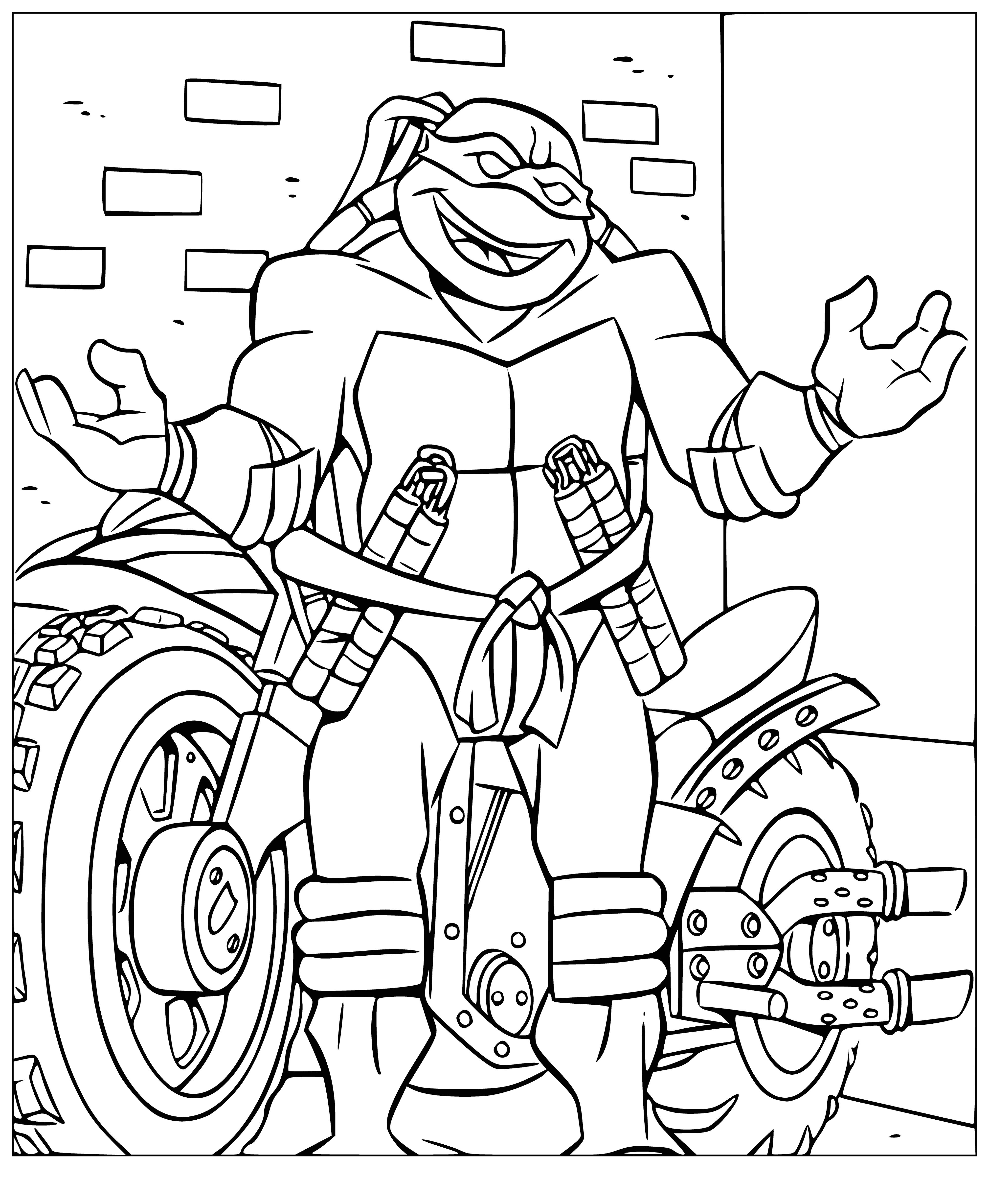 coloring page: Turtle stands on a 2-seater black and silver motorcycle with an orange bandana and nunchakus. #coloringtime