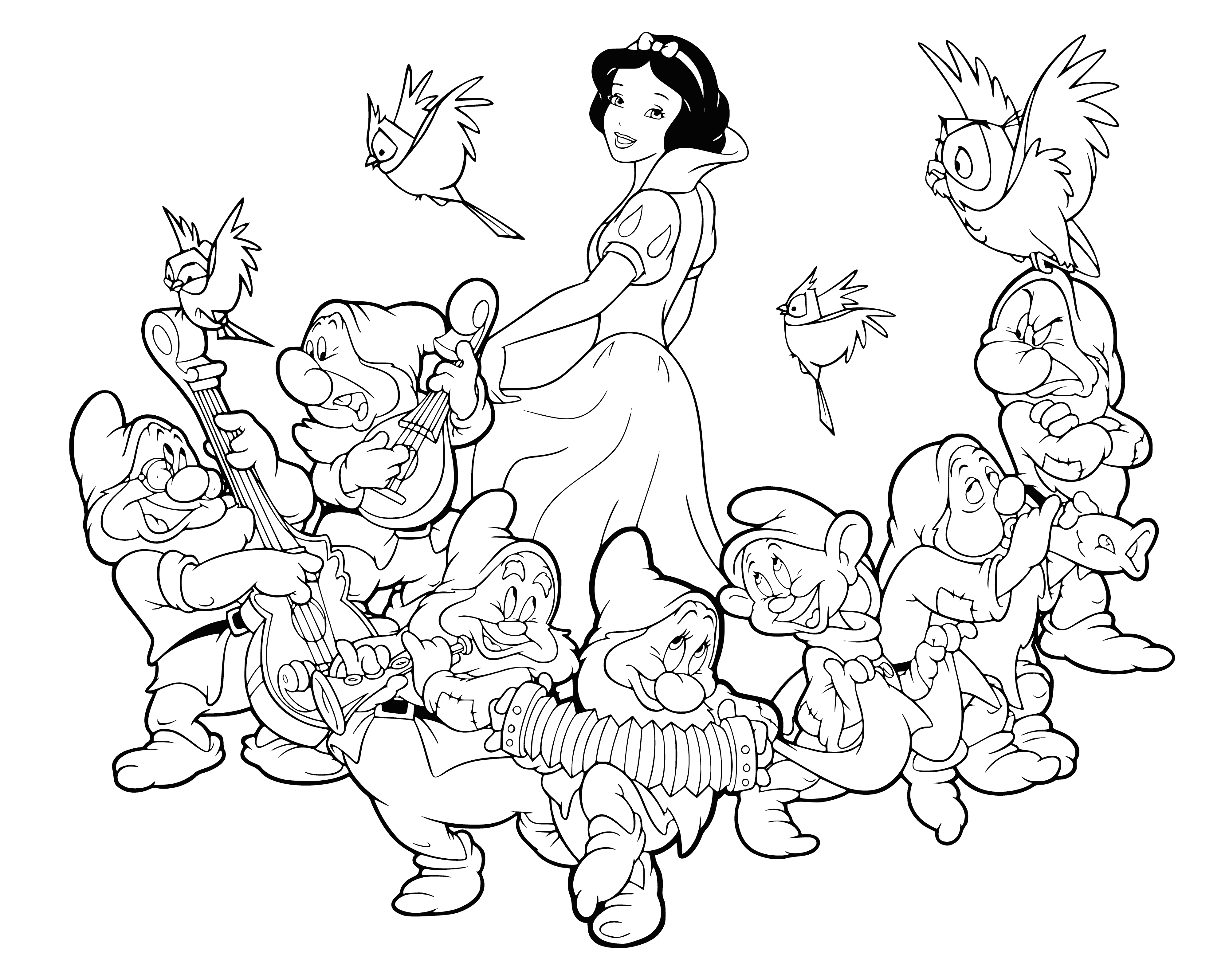 coloring page: This coloring page features Snow White, the beautiful young woman with long, dark hair and light skin, wearing a blue dress and white apron, surrounded by the seven dwarfs. The dwarfs, of different sizes and colors, appear to be mining with pickaxes in front of a dark cave, while Snow White looks happy and content.