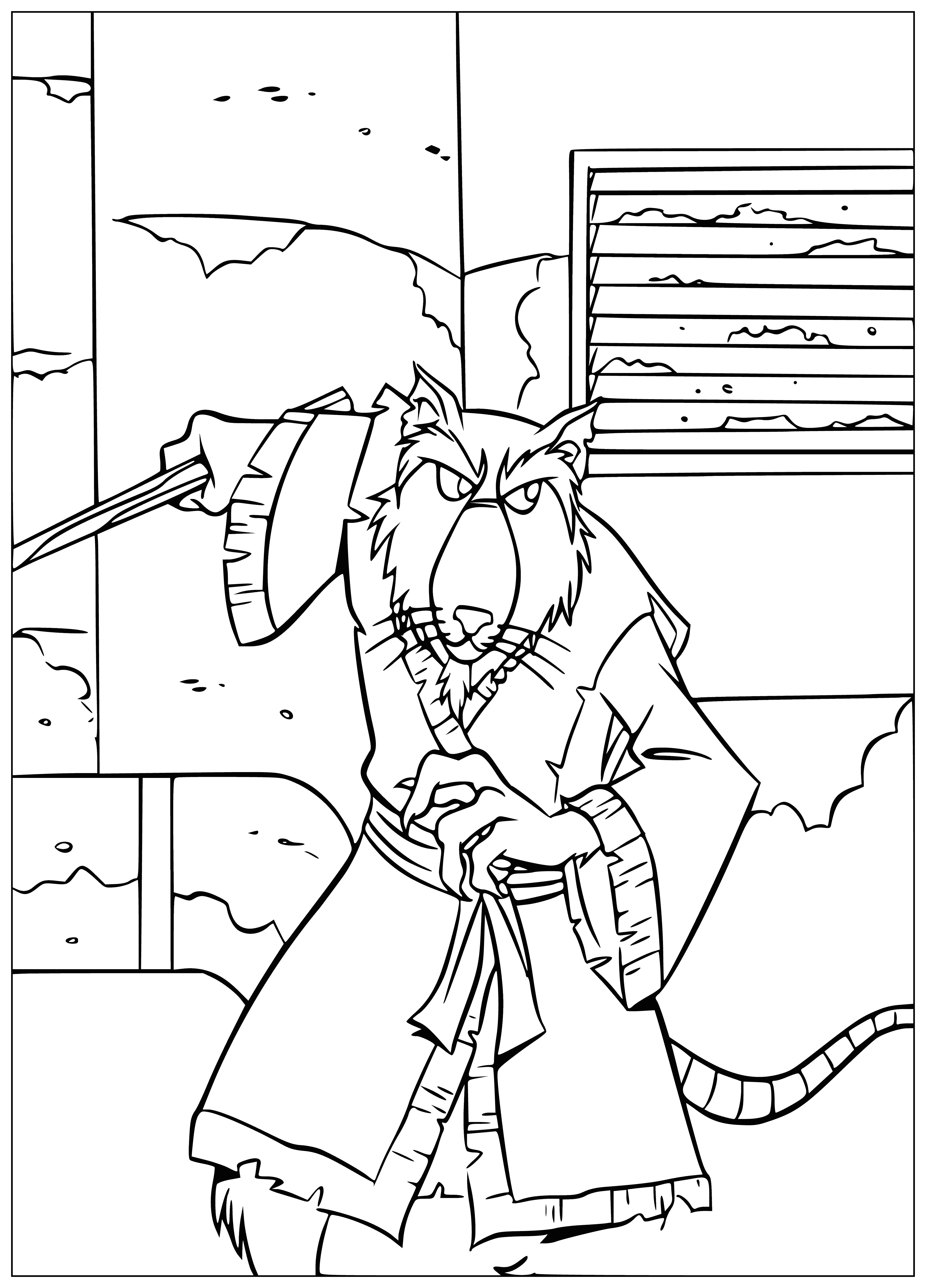 coloring page: A brown & white turtle & rat stand on two legs. Turtle has red bandana & sword, rat has purple robe & staff.