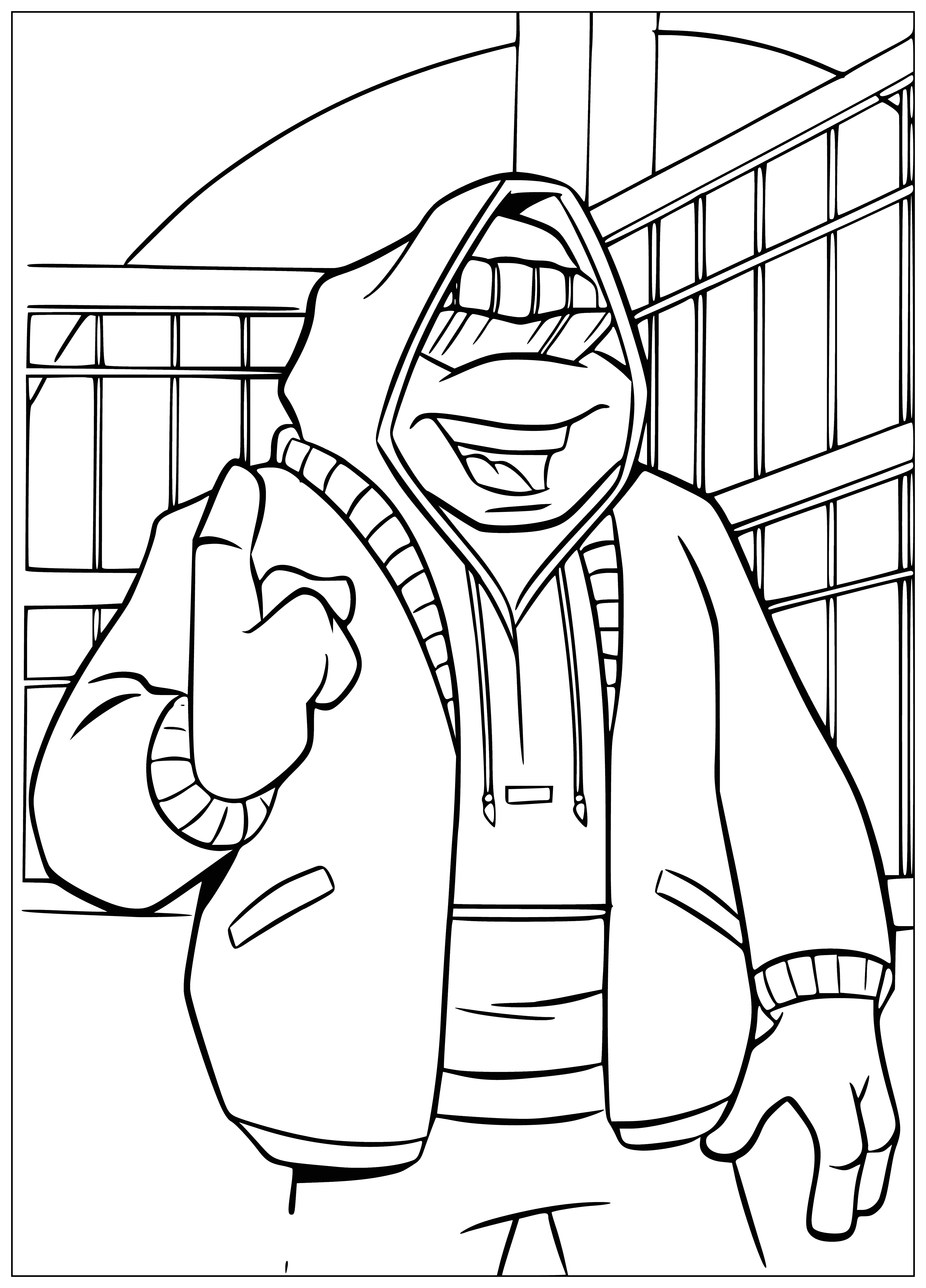 coloring page: Four turtle friends stand tall on two hind legs; they wear masks, hold weapons and differ in color (Orange, Red, Blue and Purple).