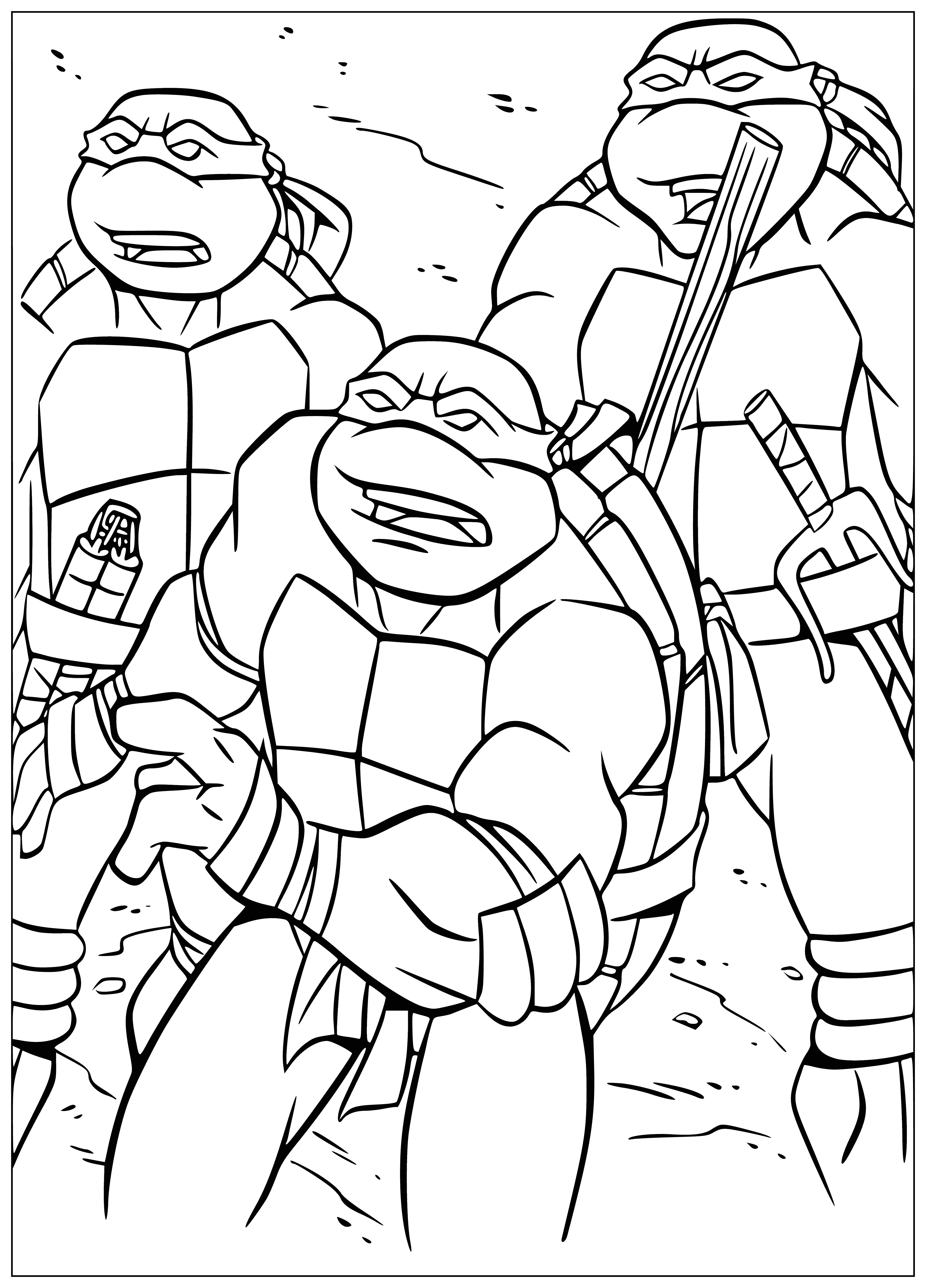 coloring page: Teenage mutant turtles living in NYC sewers fight crime with ninjutsu & protect city from villainous threats like Shredder & Baxter Stockman.