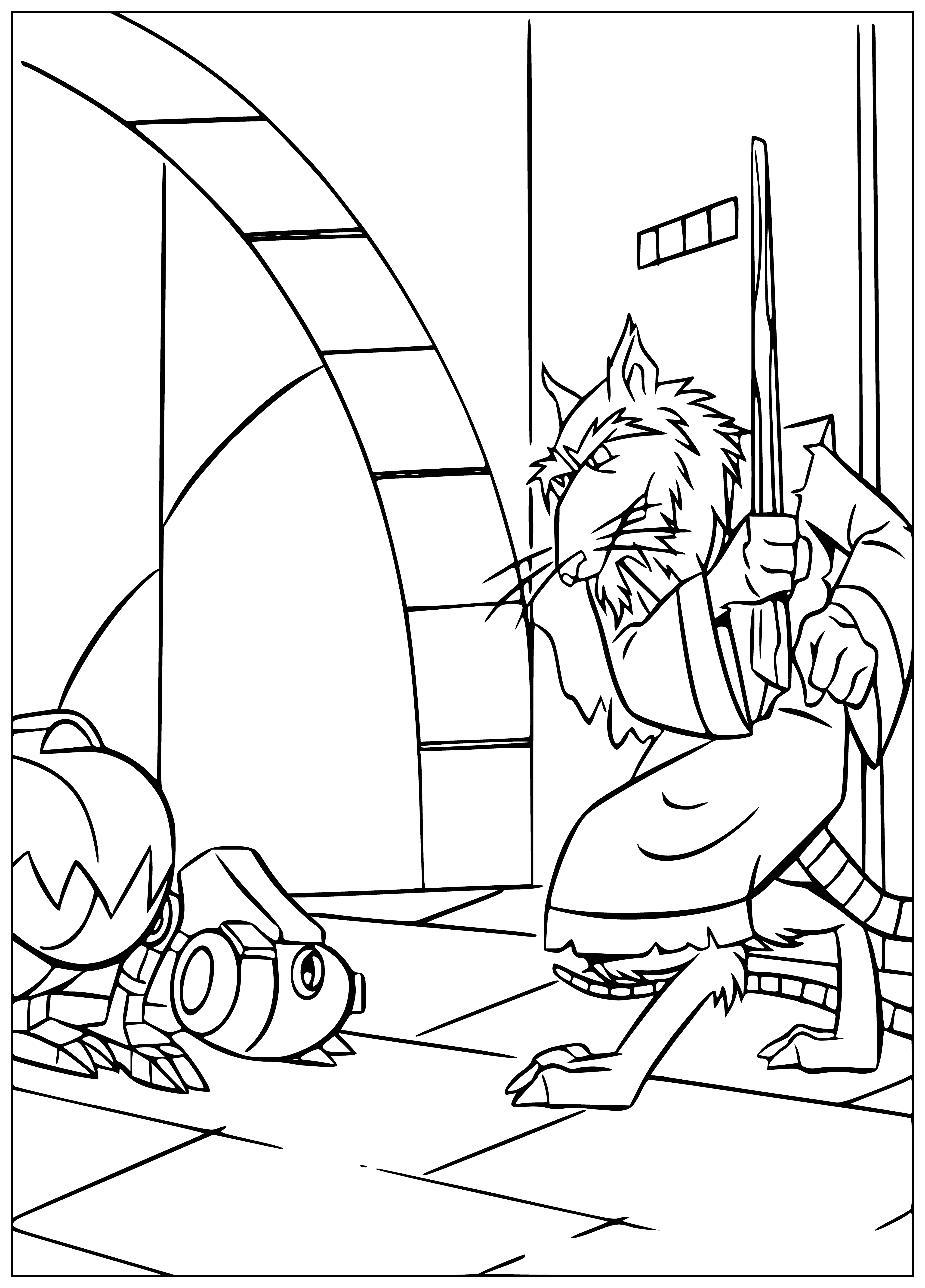 coloring page: 4 turtles, rat wearing masks, diff colored bandanas, 2 with knives & 1 with nunchucks, rat has staff, standing in front of metal gate. #coloringsheet