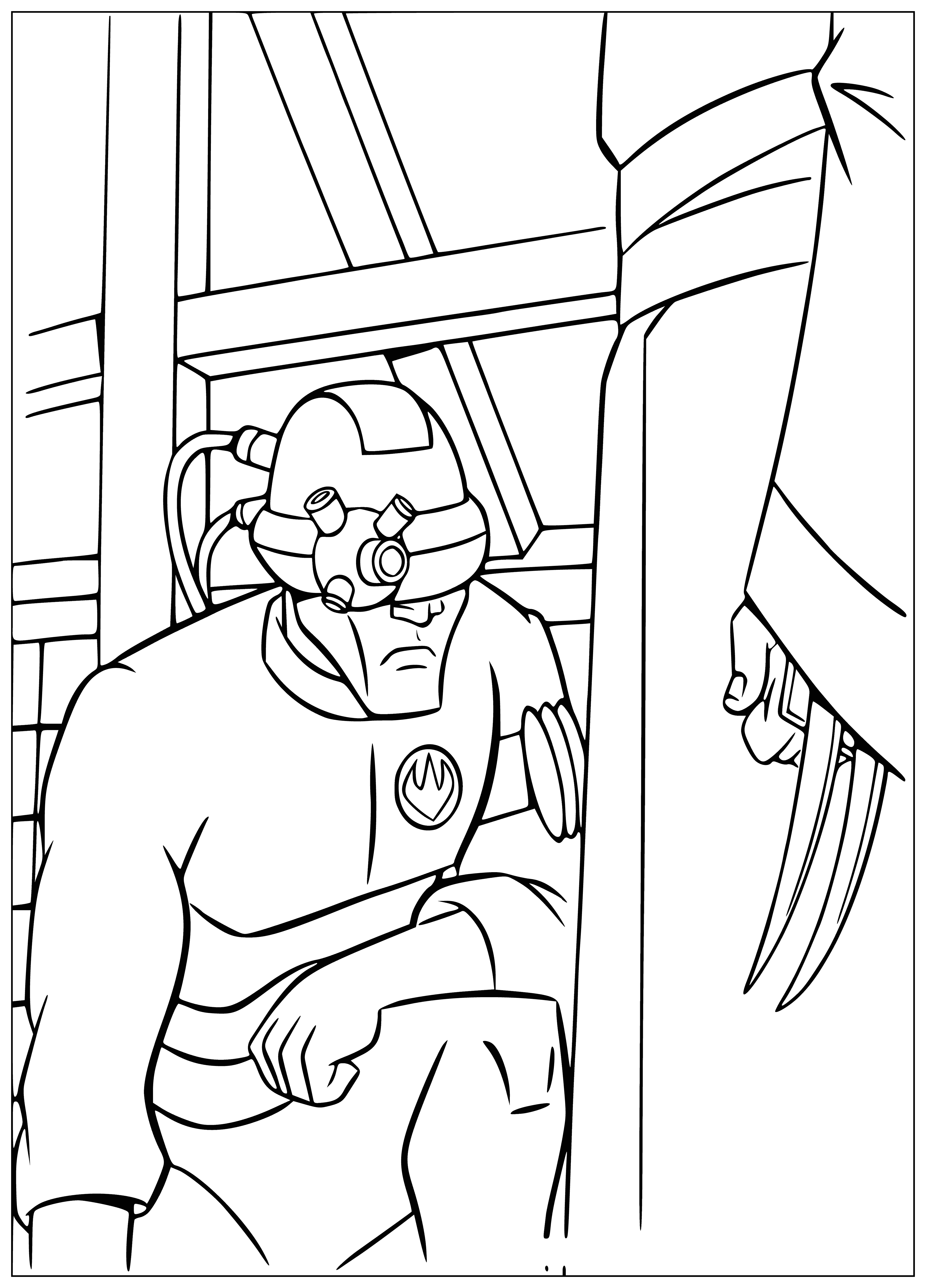 coloring page: Teenage Mutant Ninja Turtles are cyborgs w/metal parts and swords facing a Foot Soldier. One wears blue and the other red bandanas.
