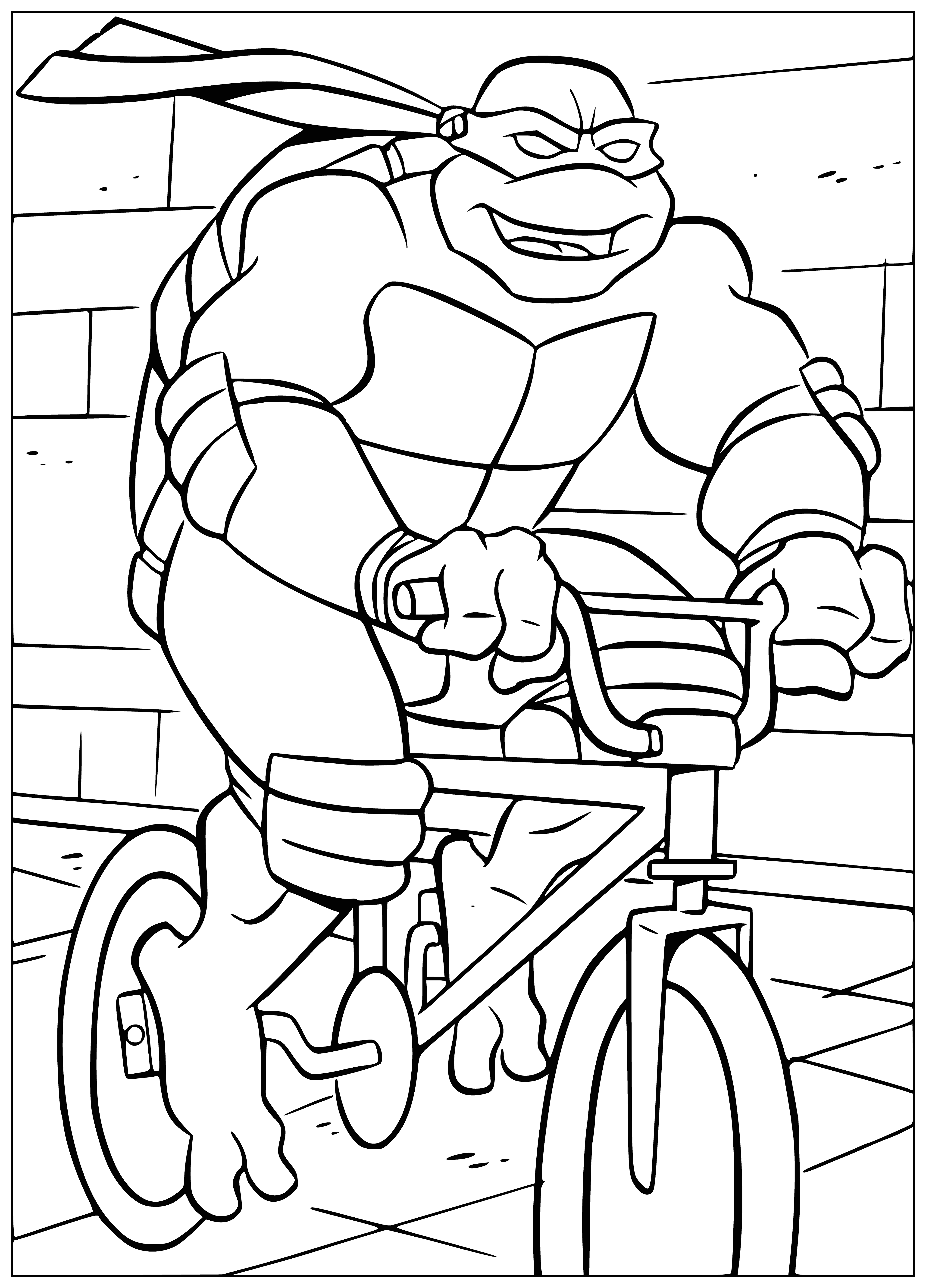 coloring page: Four ninja turtles riding bikes, armed with masks, sword, nunchuck, stick, & staff: an epic ride to save the world!