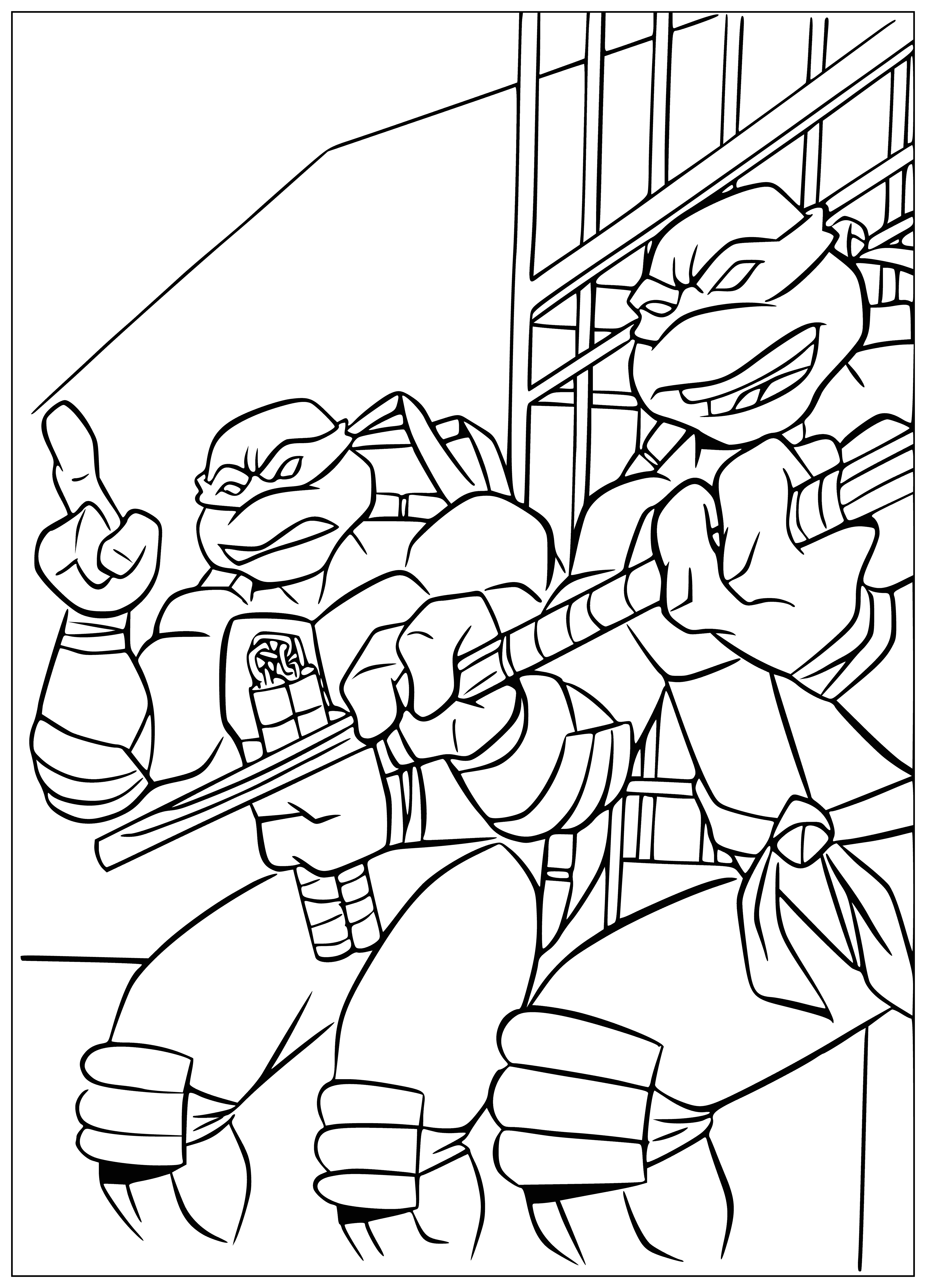 coloring page: The Ninja Turtles are martial arts experts and show emotion - Michelangelo with a smile and Danatello with seriousness.