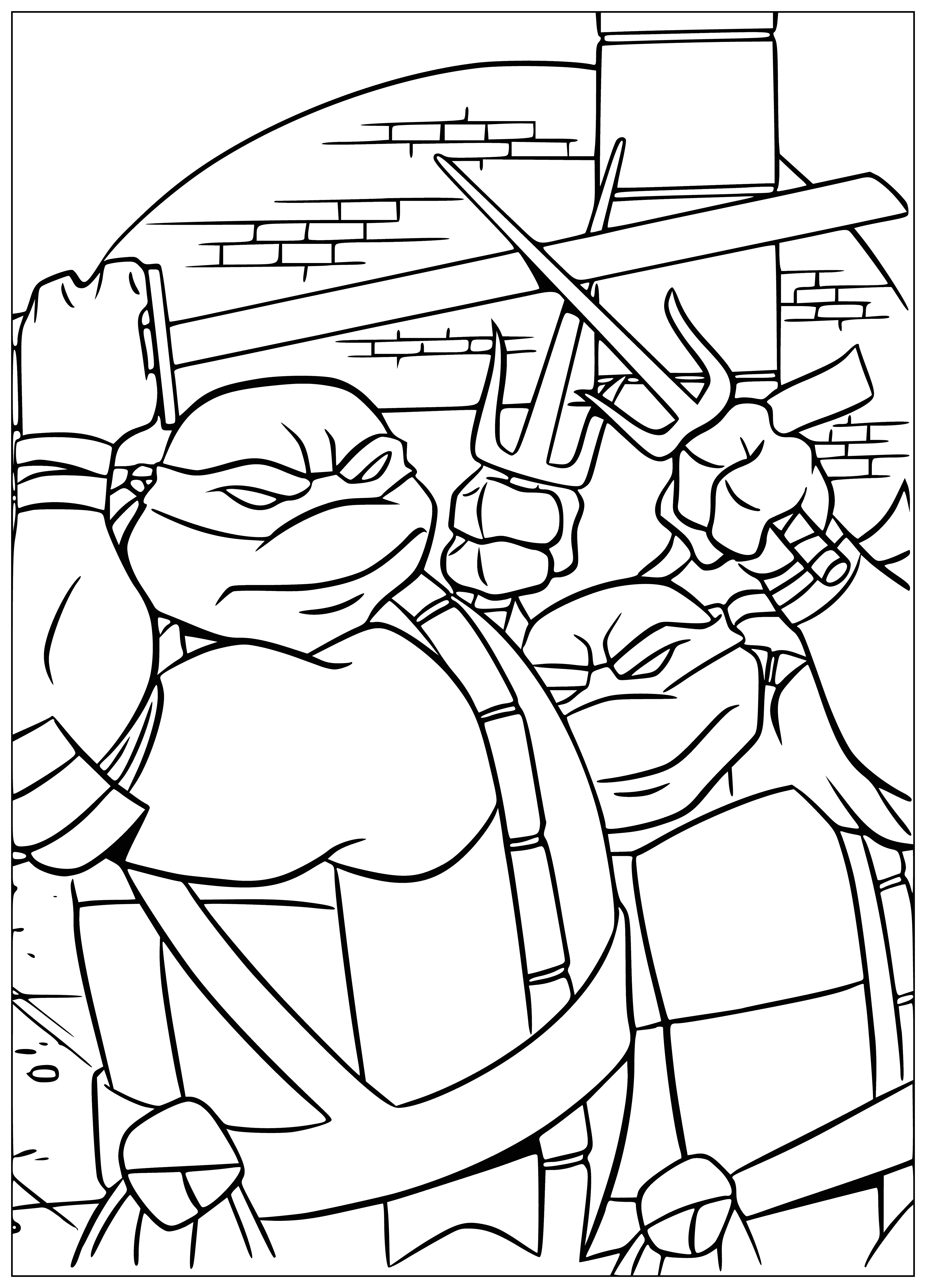 coloring page: Two Ninja Turtles, Raphael (red) & Leonardo (blue). Both have swords, green bodies & full-body outfits, & brown eyes. #TMNT