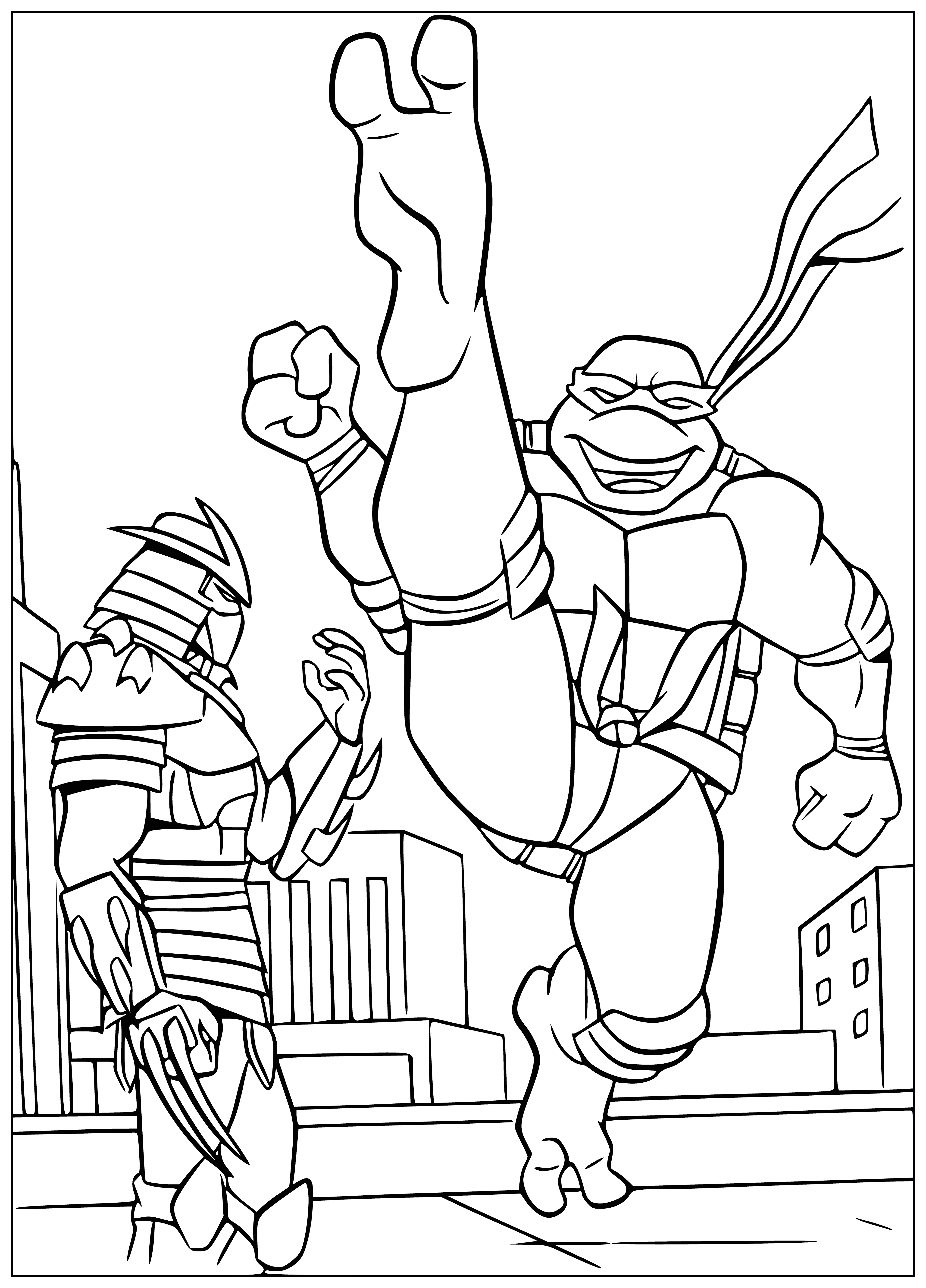coloring page: The Ninja Turtles are in an epic battle with Shredder. Who will win?
