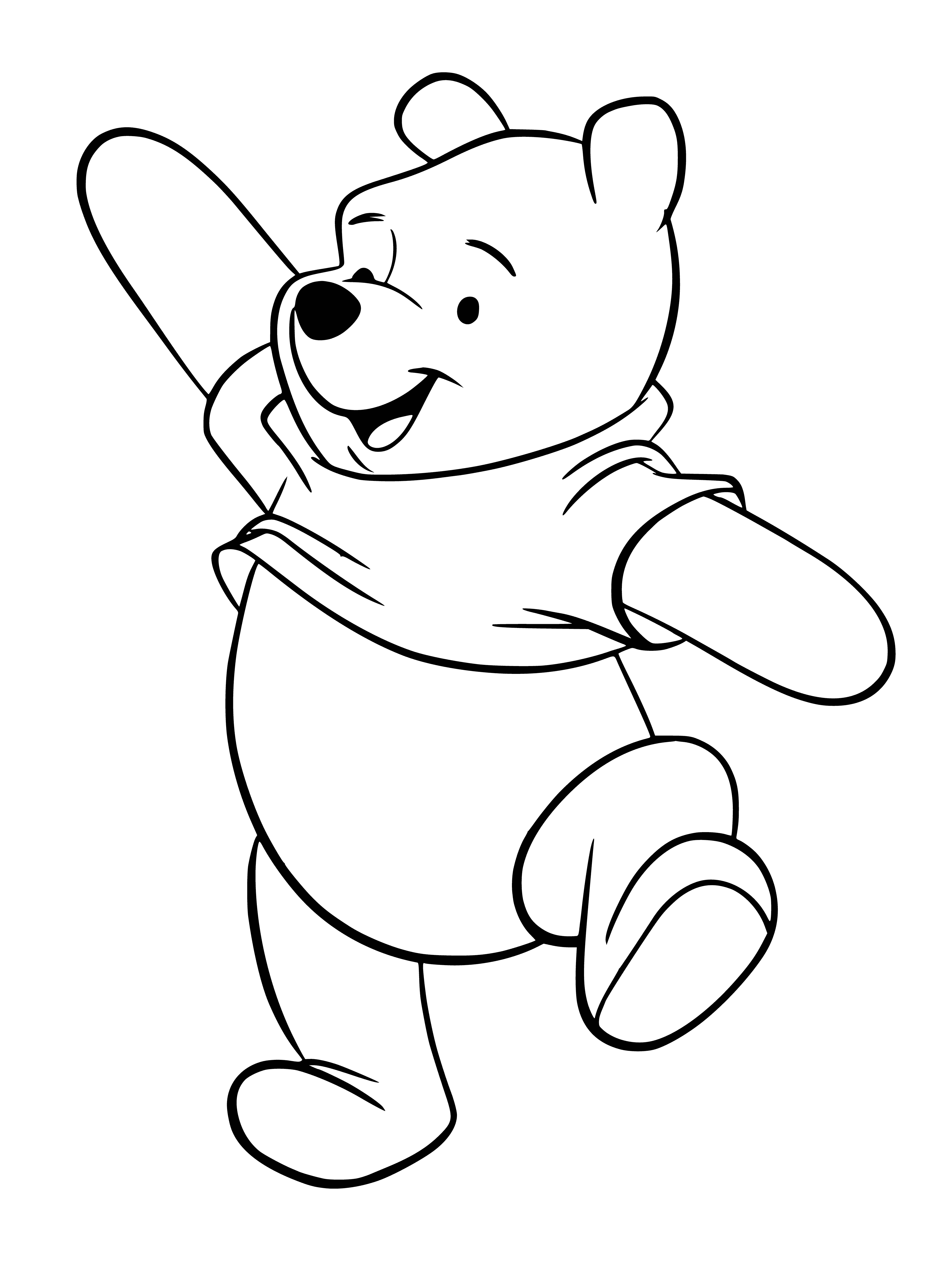 coloring page: Winnie the Pooh sits on a bench, surrounded by flowers & trees, with a big smile. He looks happy, and the sky is blue.
