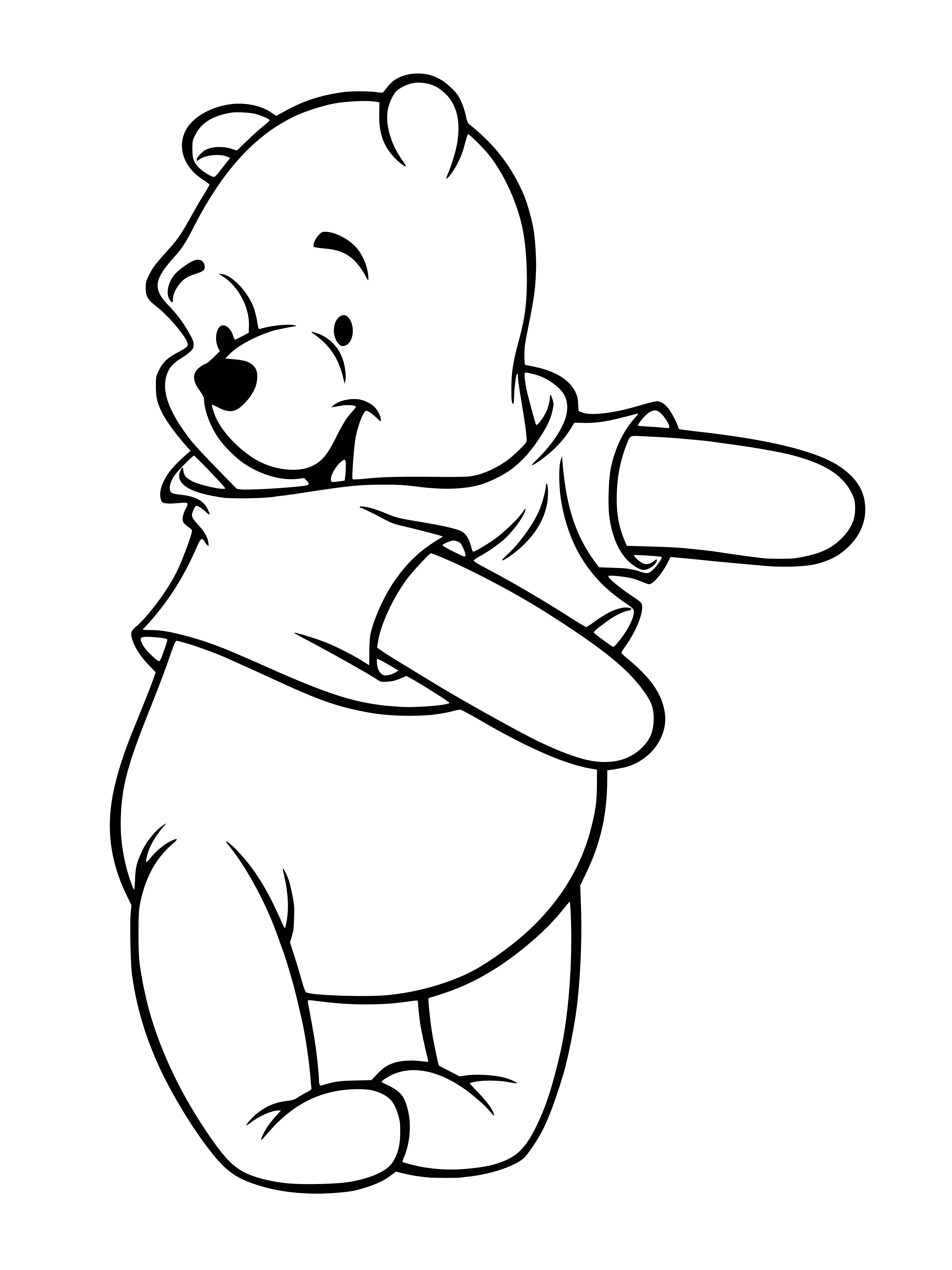 coloring page: A bear in red is eating honey from a spoon while chilling in a chair with his feet up on a stool.